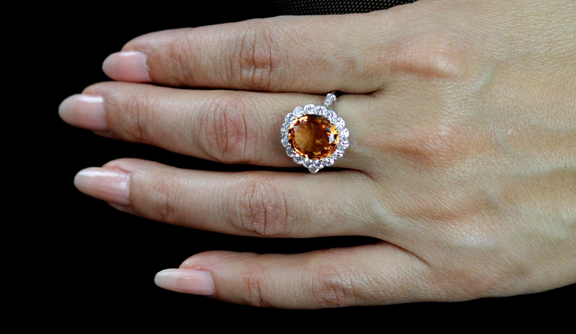 Oval Cut Brazilian Imperial Topaz Orange Color 4.8ct and Diamond Cluster Ring in Platinum