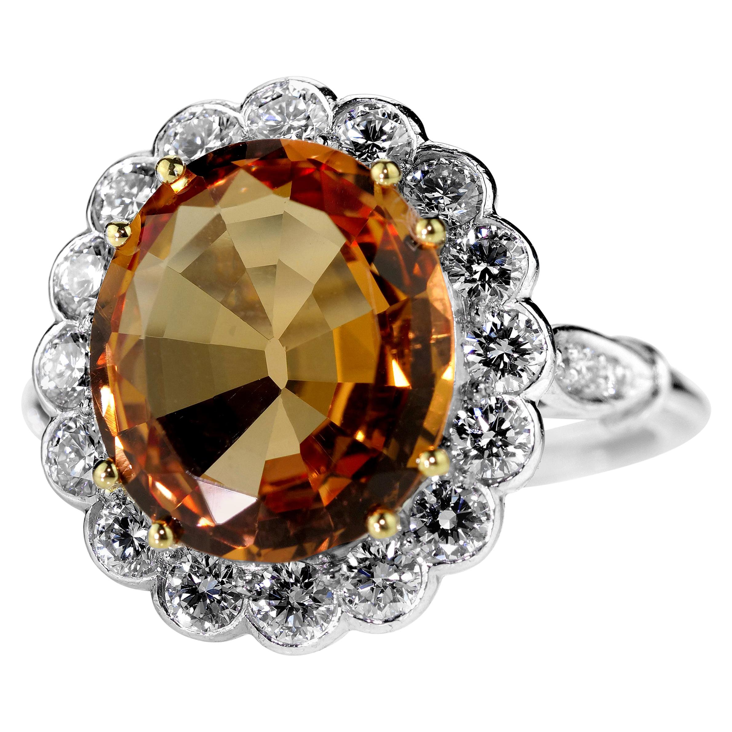 Brazilian Imperial Topaz Orange Color 4.8ct and Diamond Cluster Ring in Platinum