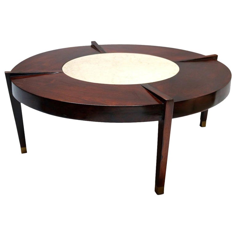 Brazilian Jacaranda Wood and Cream Marble 1960s Round Coffee Table