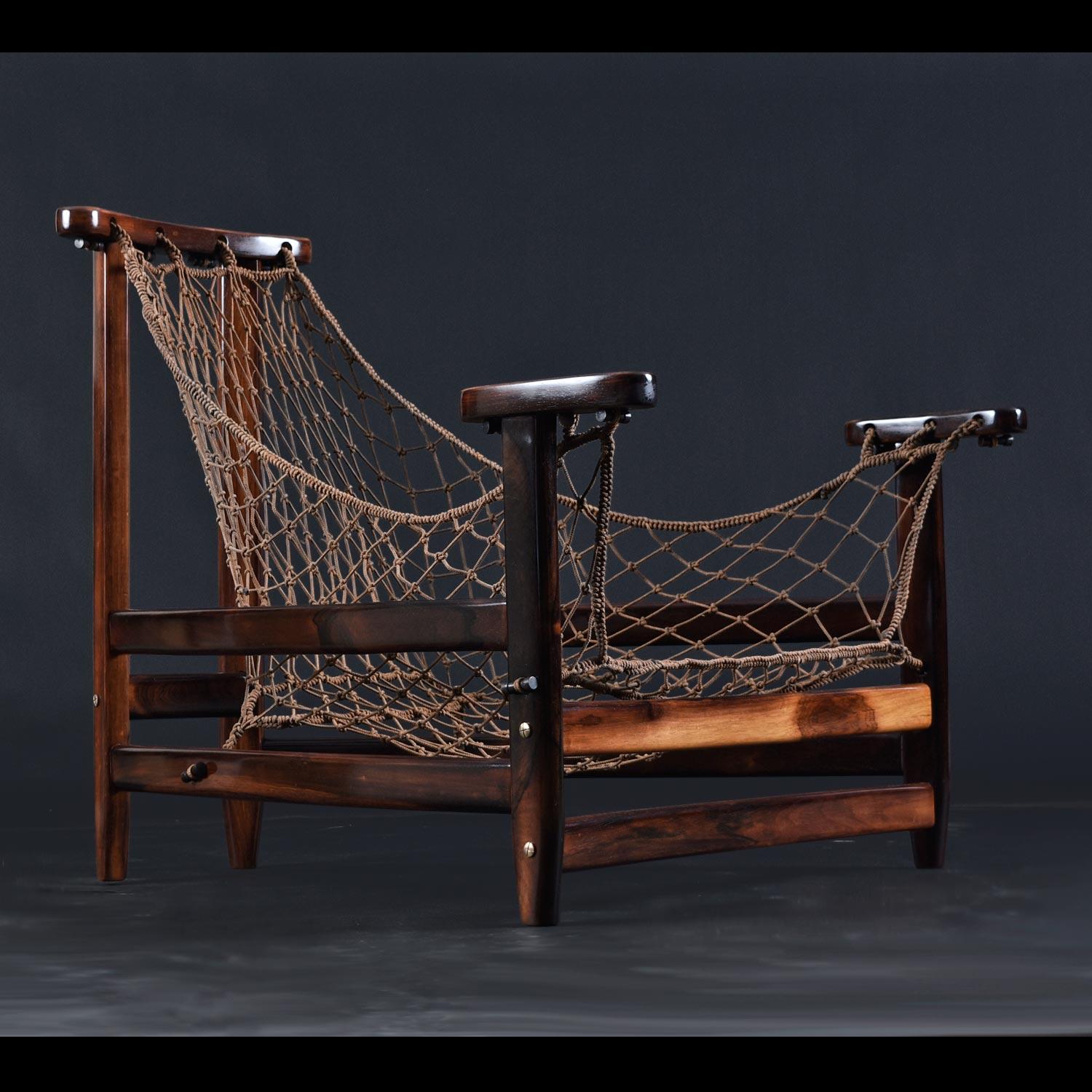 Brasilianischer Jangada Sling Chair aus Palisanderholz und Leder mit Ottomane von Jean Gillon  im Angebot 8