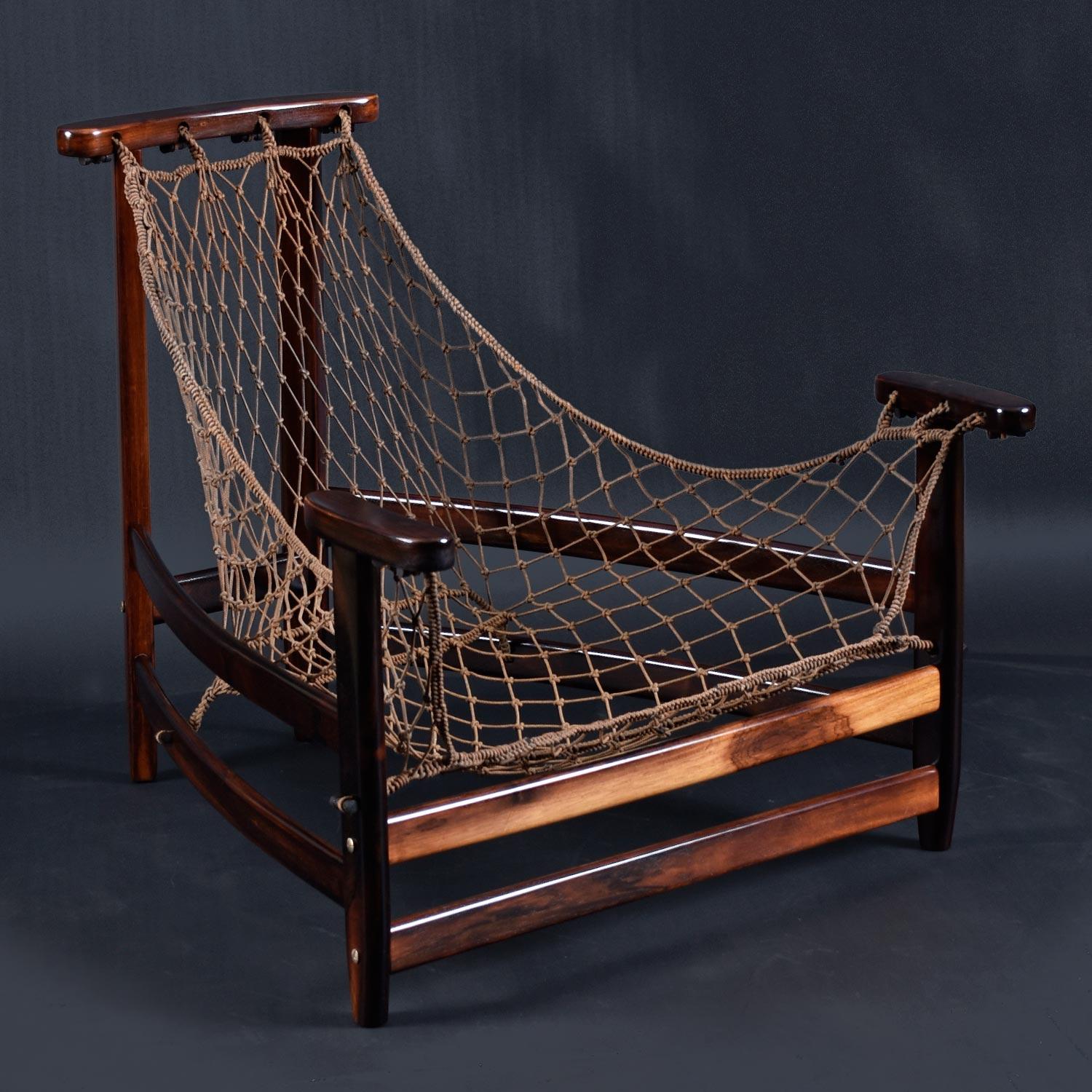 Brasilianischer Jangada Sling Chair aus Palisanderholz und Leder mit Ottomane von Jean Gillon  im Angebot 9