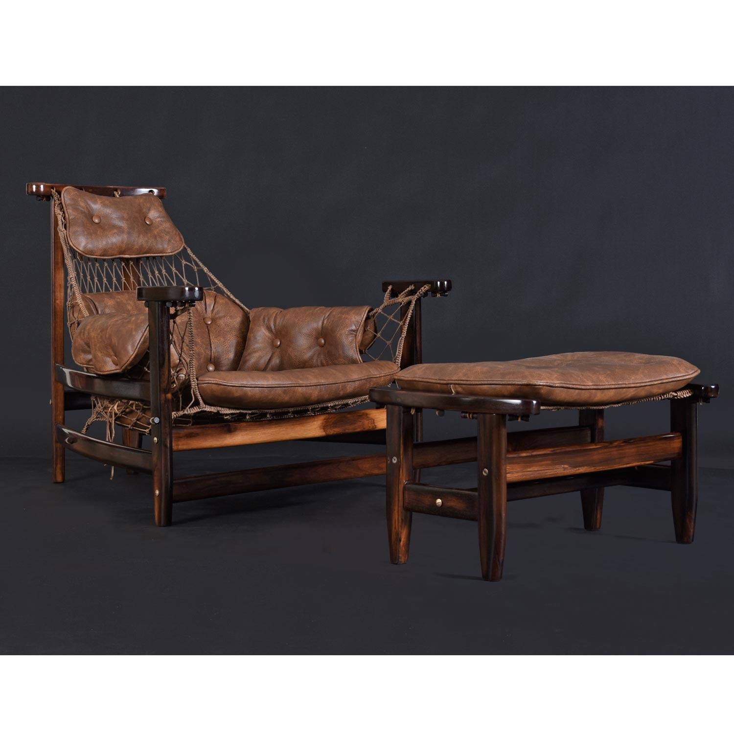 Brasilianischer Jangada Sling Chair aus Palisanderholz und Leder mit Ottomane von Jean Gillon  (Mitte des 20. Jahrhunderts) im Angebot
