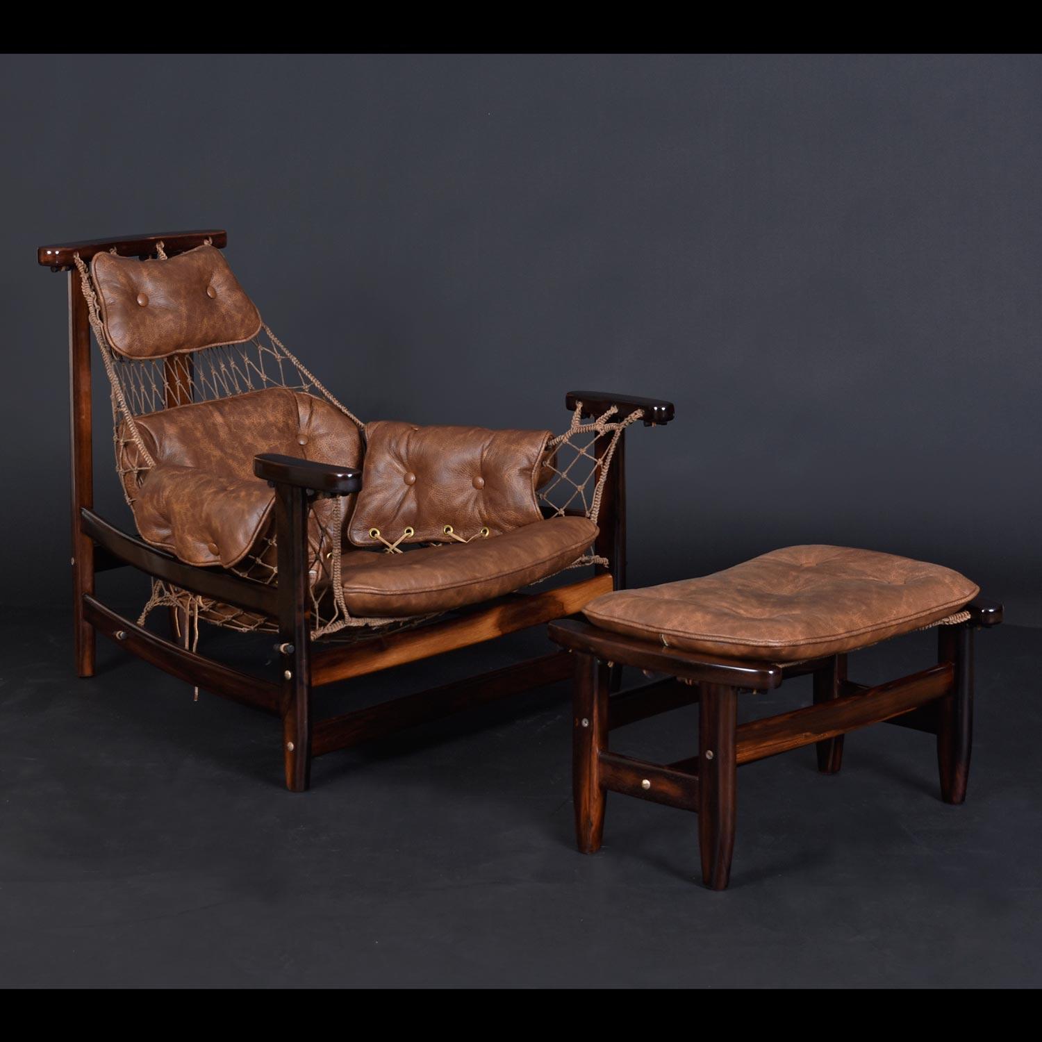 Brasilianischer Jangada Sling Chair aus Palisanderholz und Leder mit Ottomane von Jean Gillon  im Angebot 2