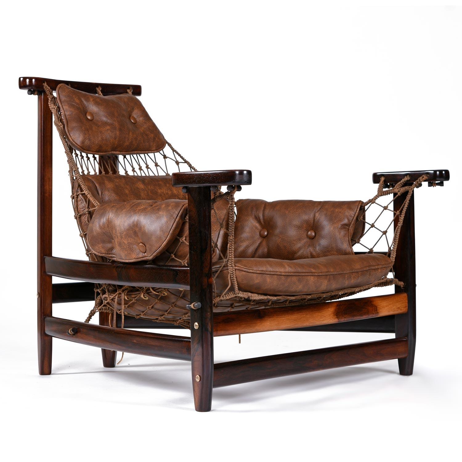 Mid-20th Century Brazilian Jangada Rosewood & Leather Sling Chair with Ottoman by Jean Gillon  For Sale