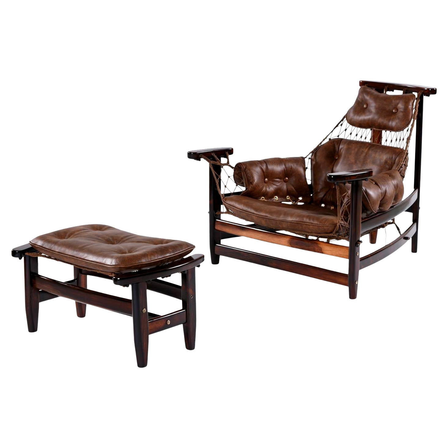 Brazilian Jangada Rosewood & Leather Sling Chair with Ottoman by Jean Gillon For Sale