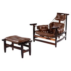 Brazilian Jangada Rosewood & Leather Sling Chair with Ottoman by Jean Gillon