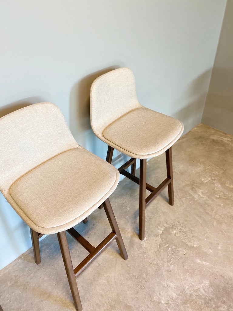 Stool Pub, Brazilian Jequitiba Wood, Light Cream Linen For Sale at