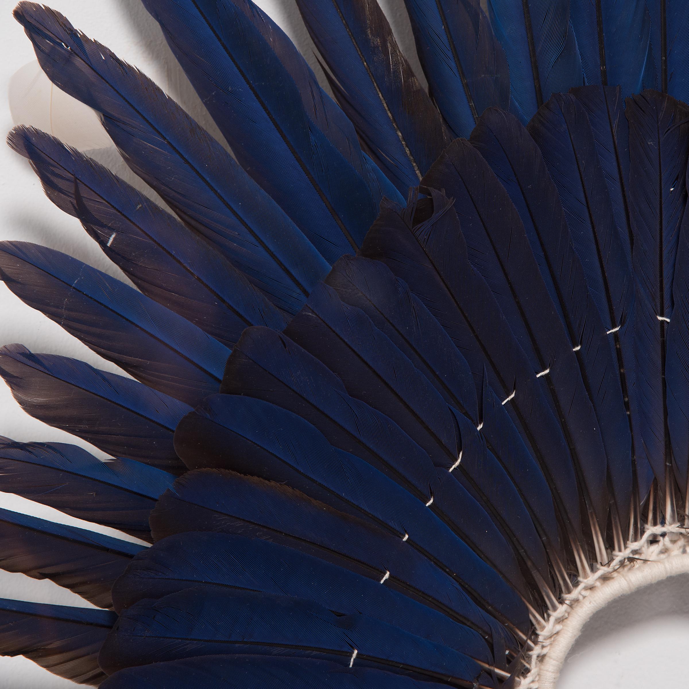 A breathtaking display of color and texture, this blue feather headdress is a ceremonial headpiece of the Kayapo people, an indigenous group of the Amazon basin. Sourced from the hyacinth macaw, the brilliant blue feathers radiate outwards from the