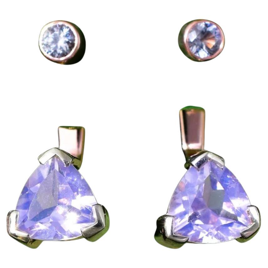Brazilian Lavender Quartz Trillion Ear Jackets with Silver Spinel Studs For Sale
