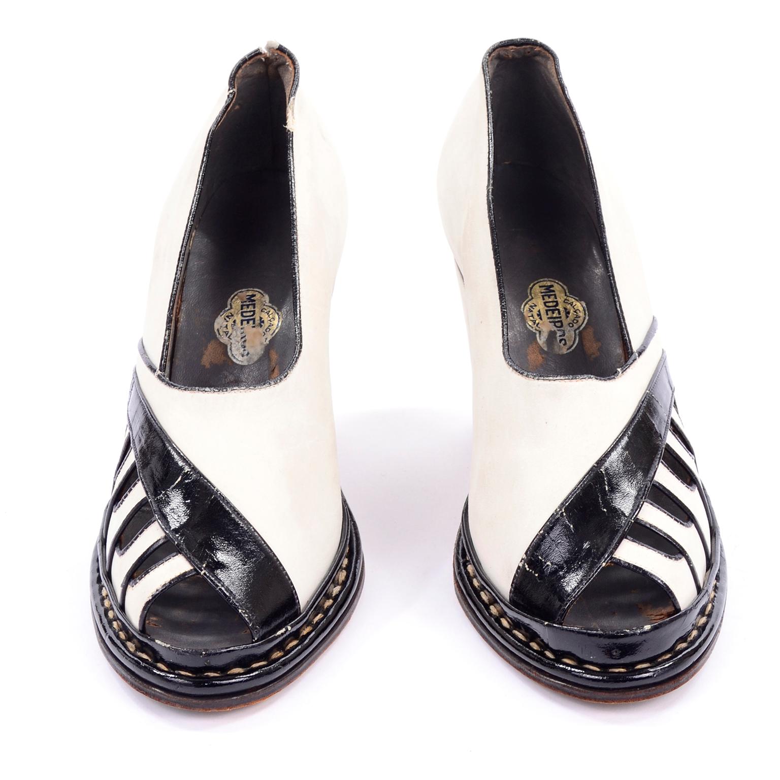 Brazilian Leather 1940s Novelty Peep Toe Platform Heels Piano Key Vintage Shoes In Good Condition For Sale In Portland, OR