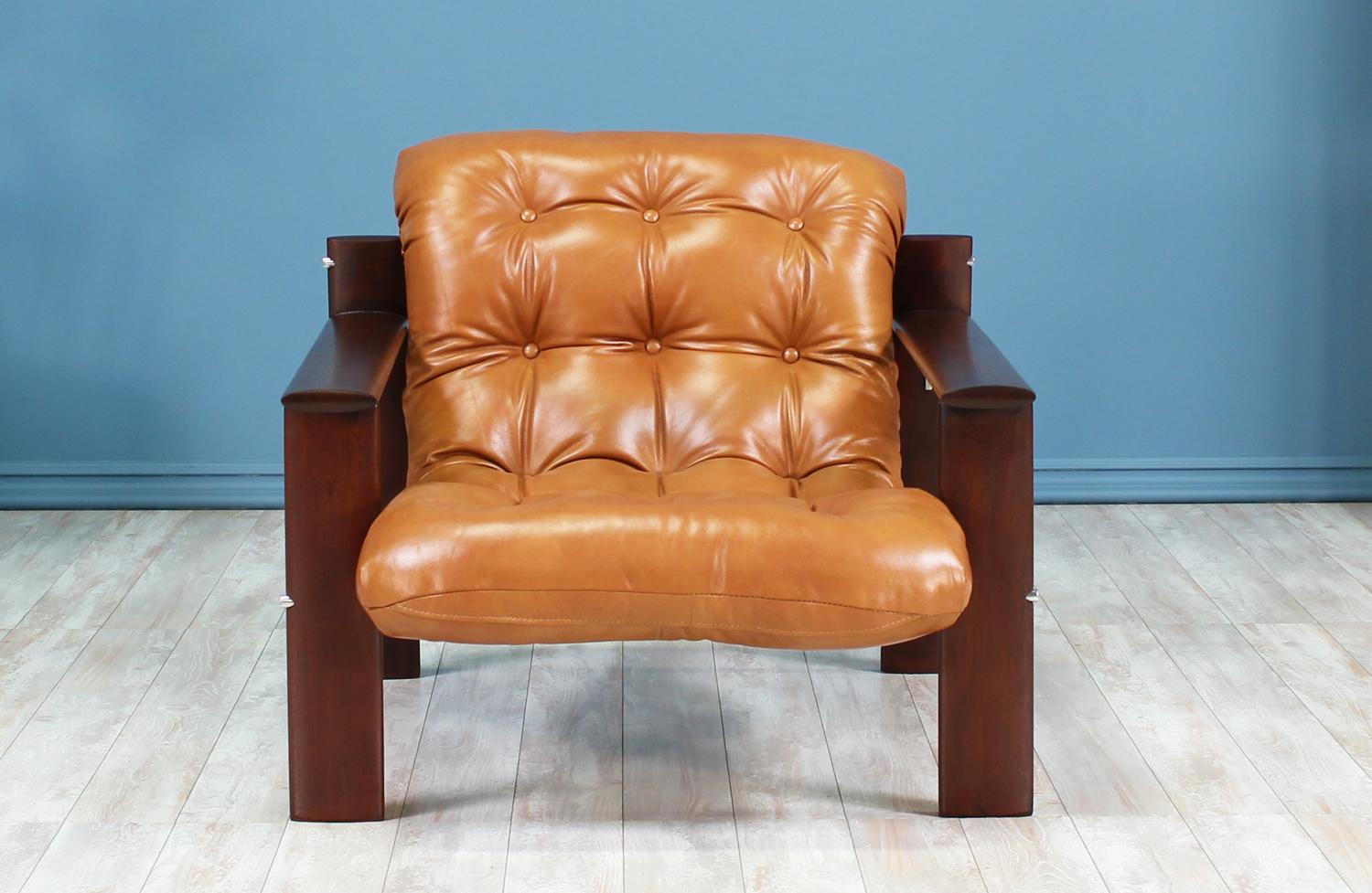 Brazilian Leather and Mahogany Mp-129 Lounge Chair by Percival Lafer In Excellent Condition In Los Angeles, CA