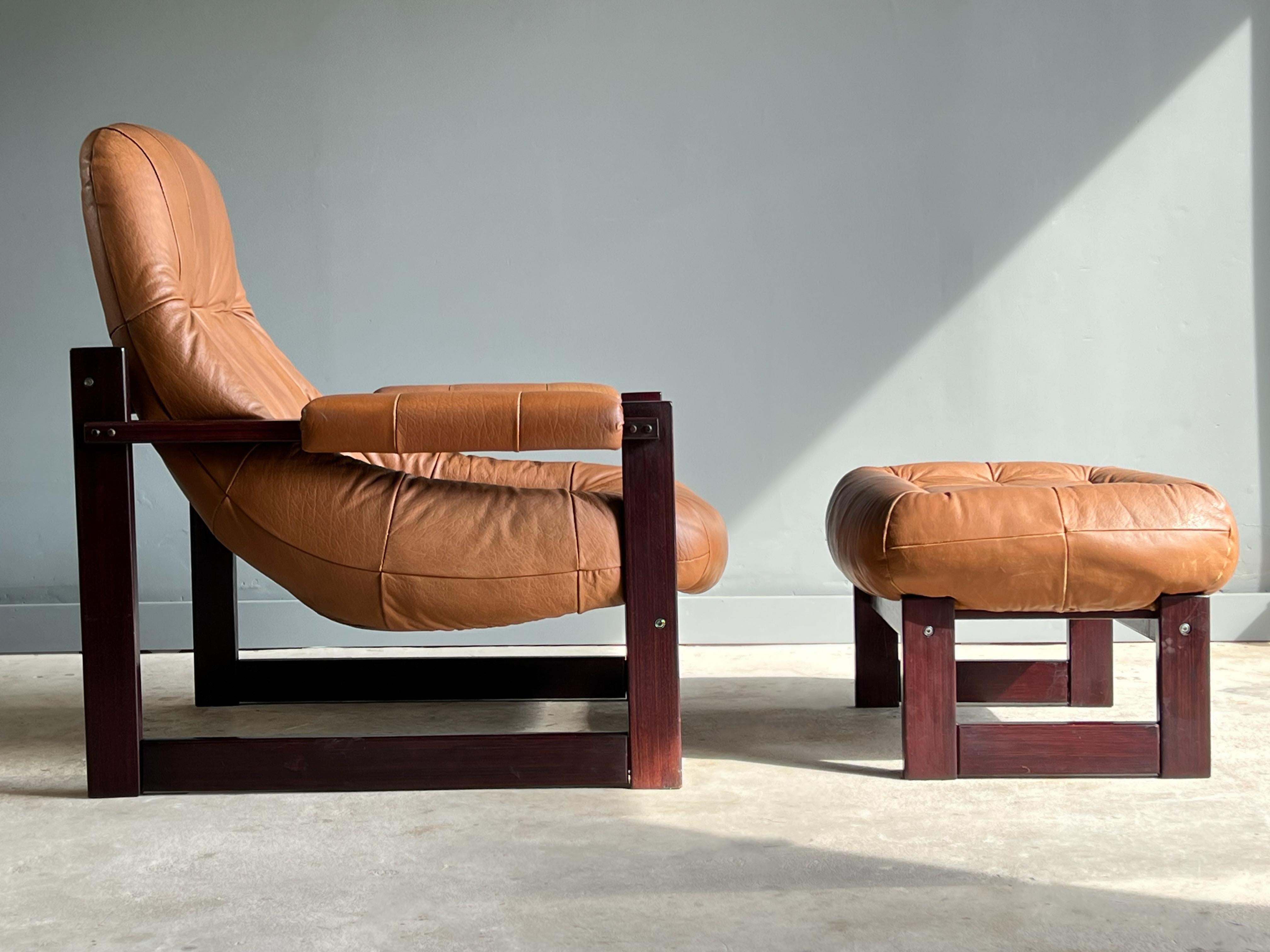 Mid-Century Modern Brazilian Leather Lounge Chair and Ottoman by Percival Lafer