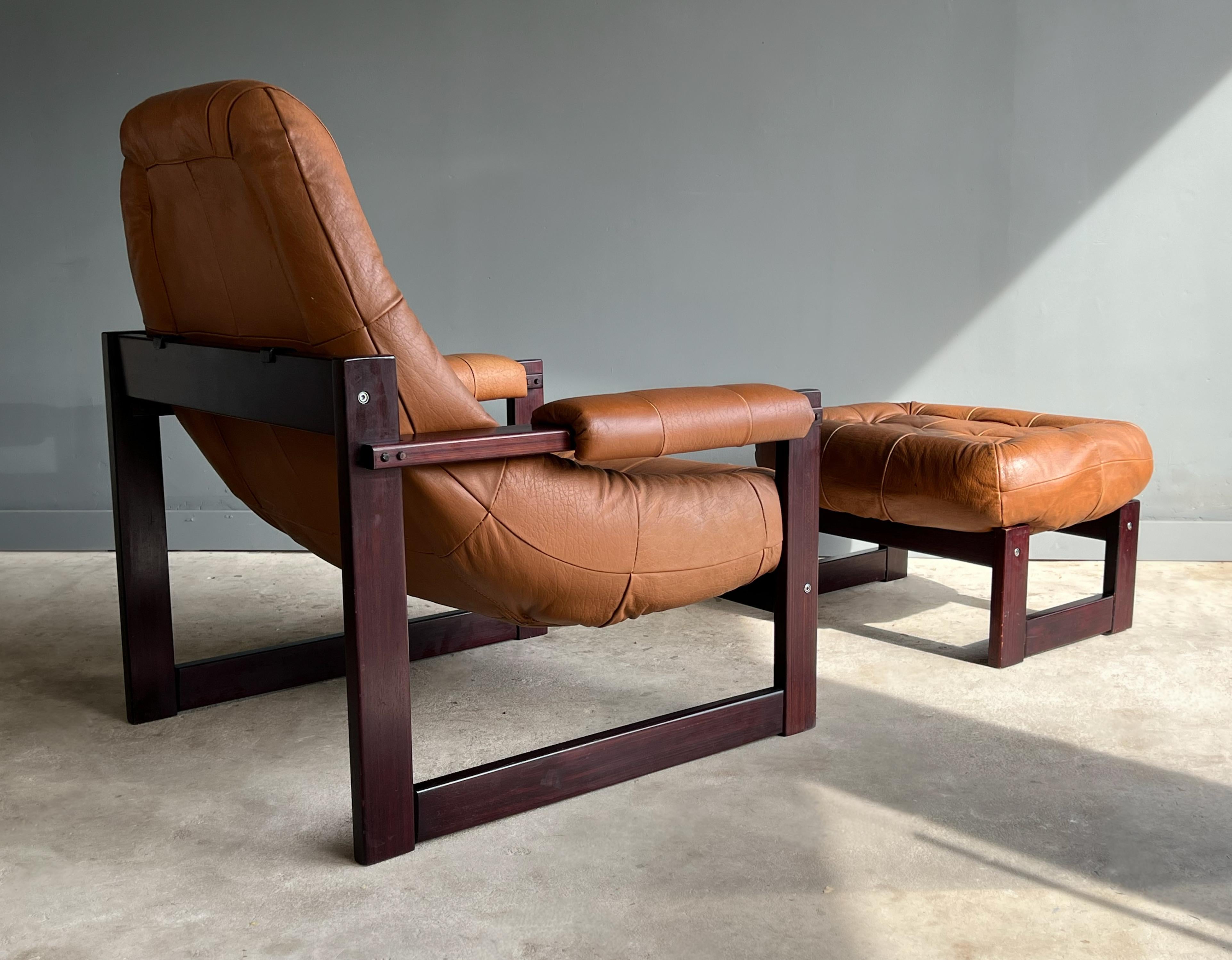 Machine-Made Brazilian Leather Lounge Chair and Ottoman by Percival Lafer