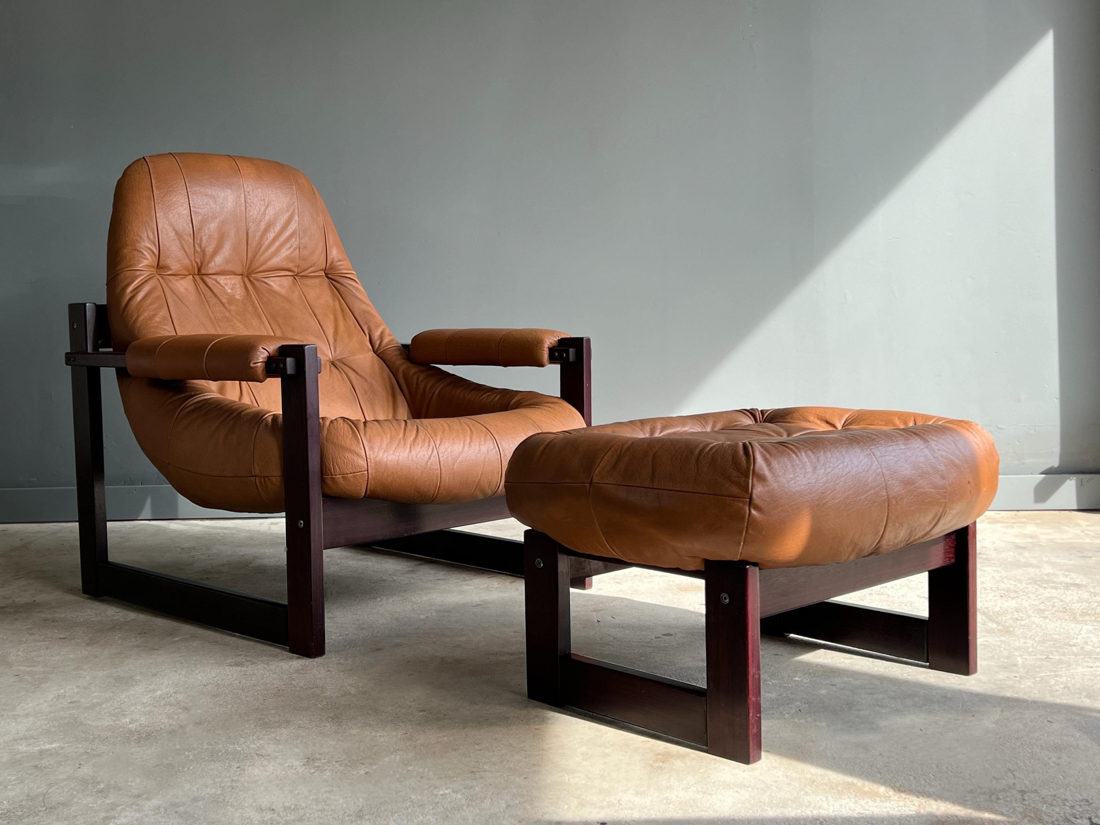 Brazilian Leather Lounge Chair and Ottoman by Percival Lafer In Good Condition In Round Rock, TX