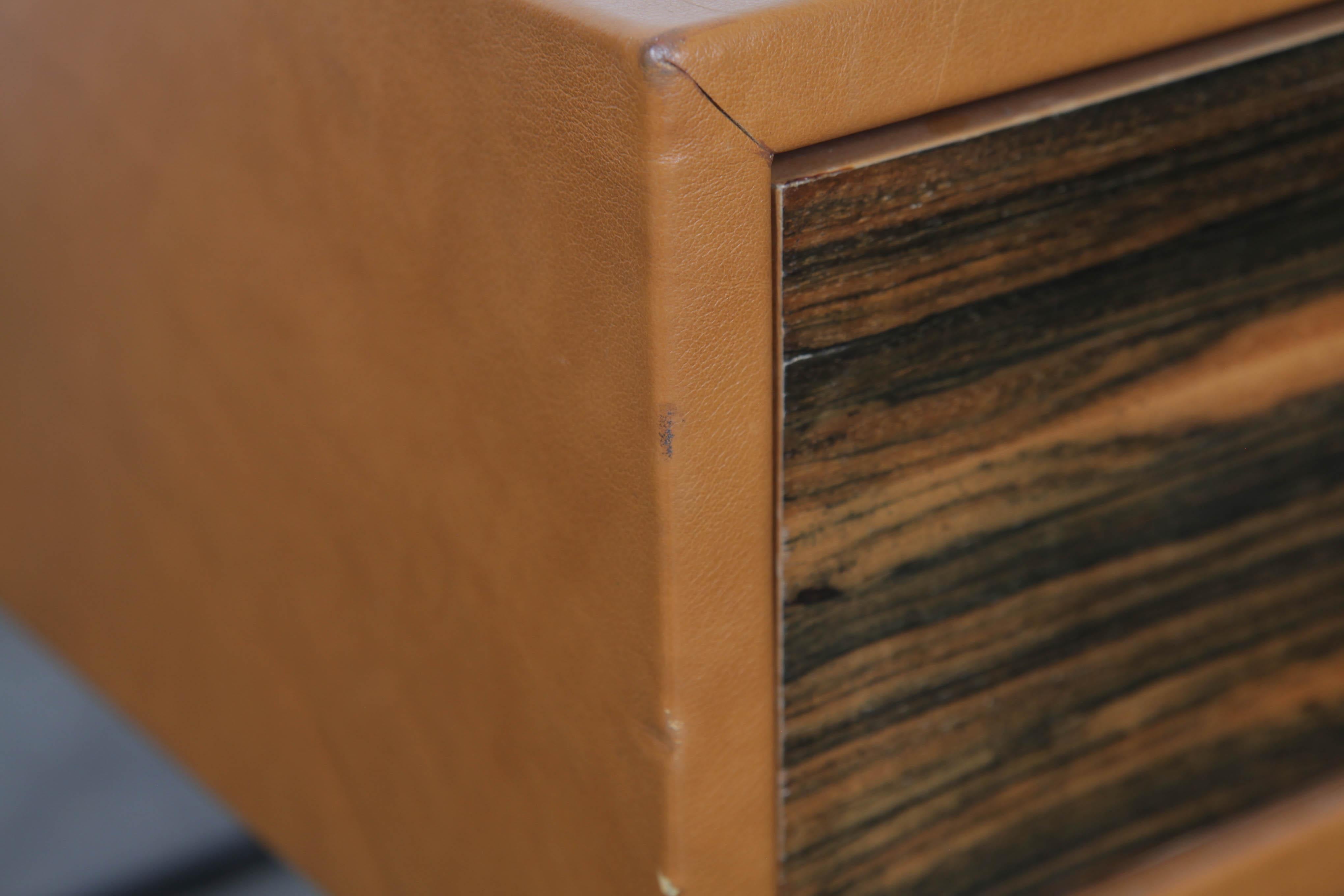 1960s Brazilian Leather Wrapped End Tables with Rosewood Drawer Fronts For Sale 5
