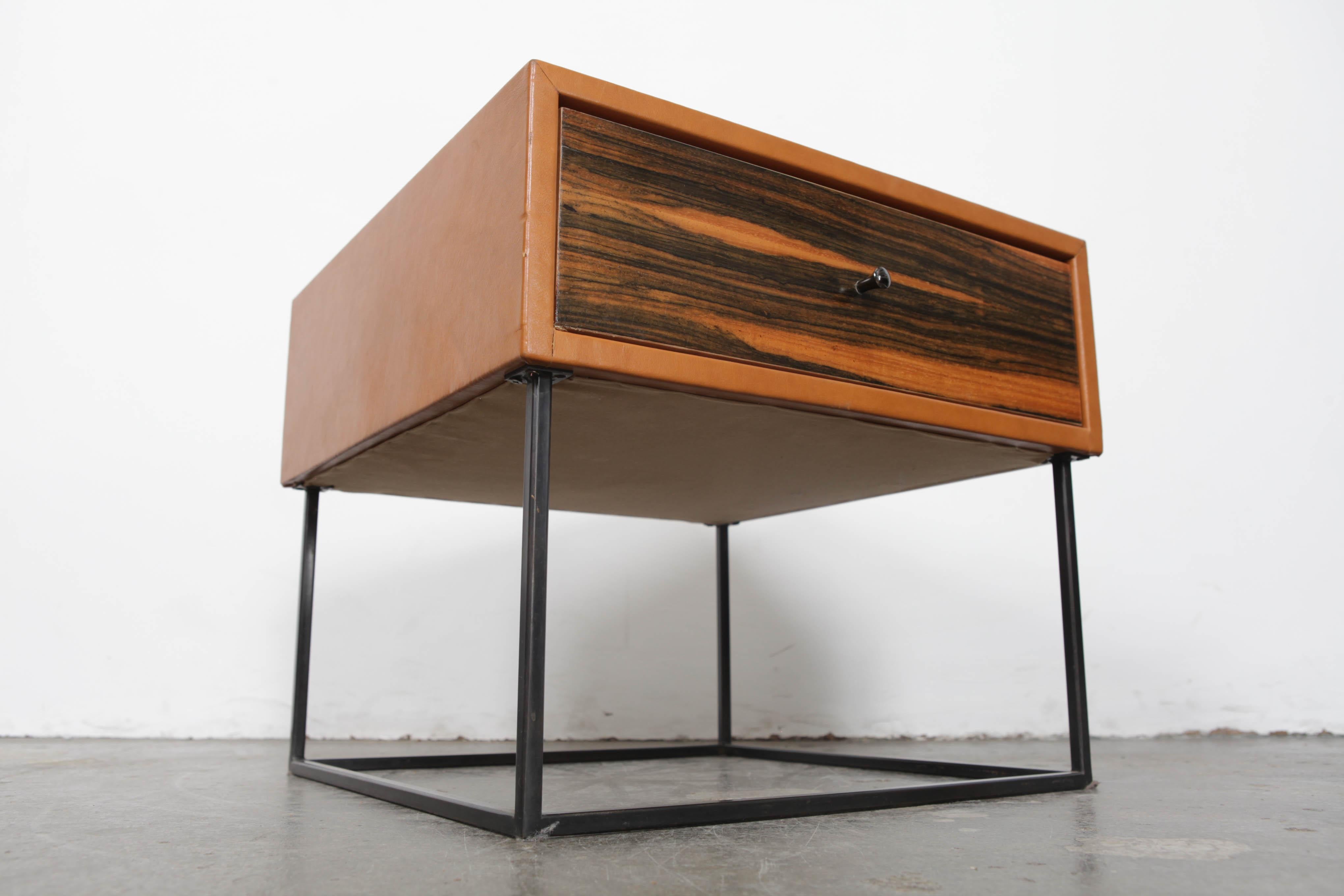 1960s Brazilian Leather Wrapped End Tables with Rosewood Drawer Fronts For Sale 6