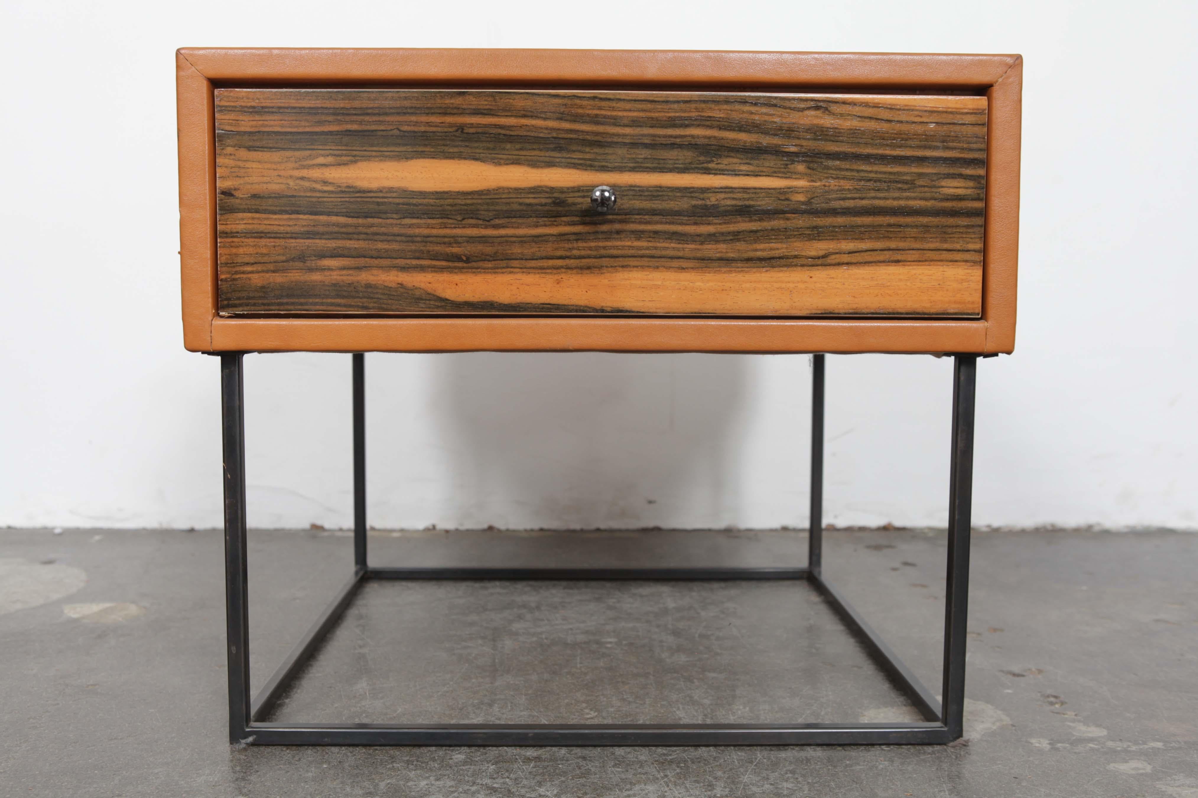 1960s Brazilian Leather Wrapped End Tables with Rosewood Drawer Fronts For Sale 7