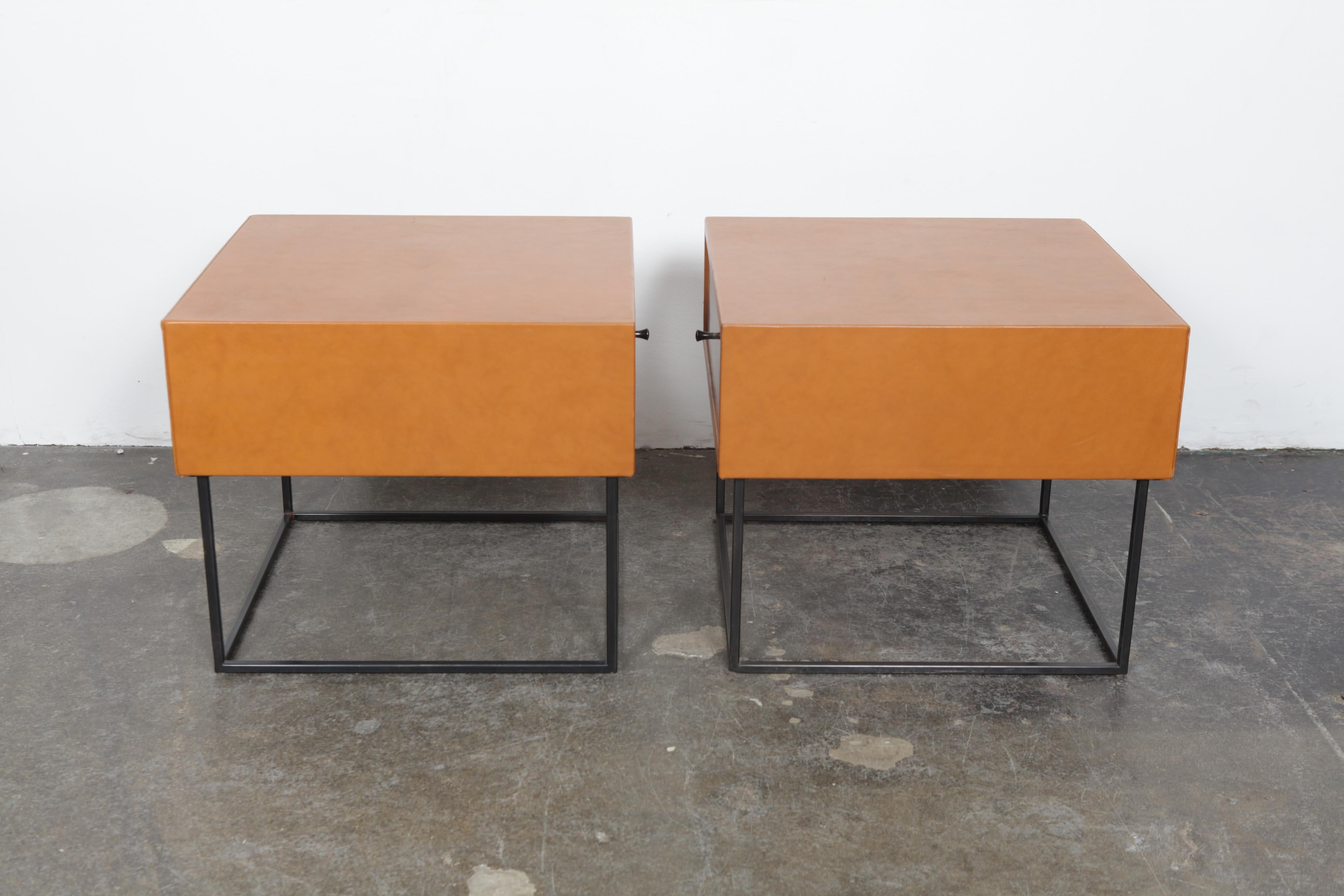 1960s Brazilian Leather Wrapped End Tables with Rosewood Drawer Fronts For Sale 11