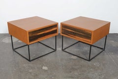 1960s Brazilian Leather Wrapped End Tables with Rosewood Drawer Fronts