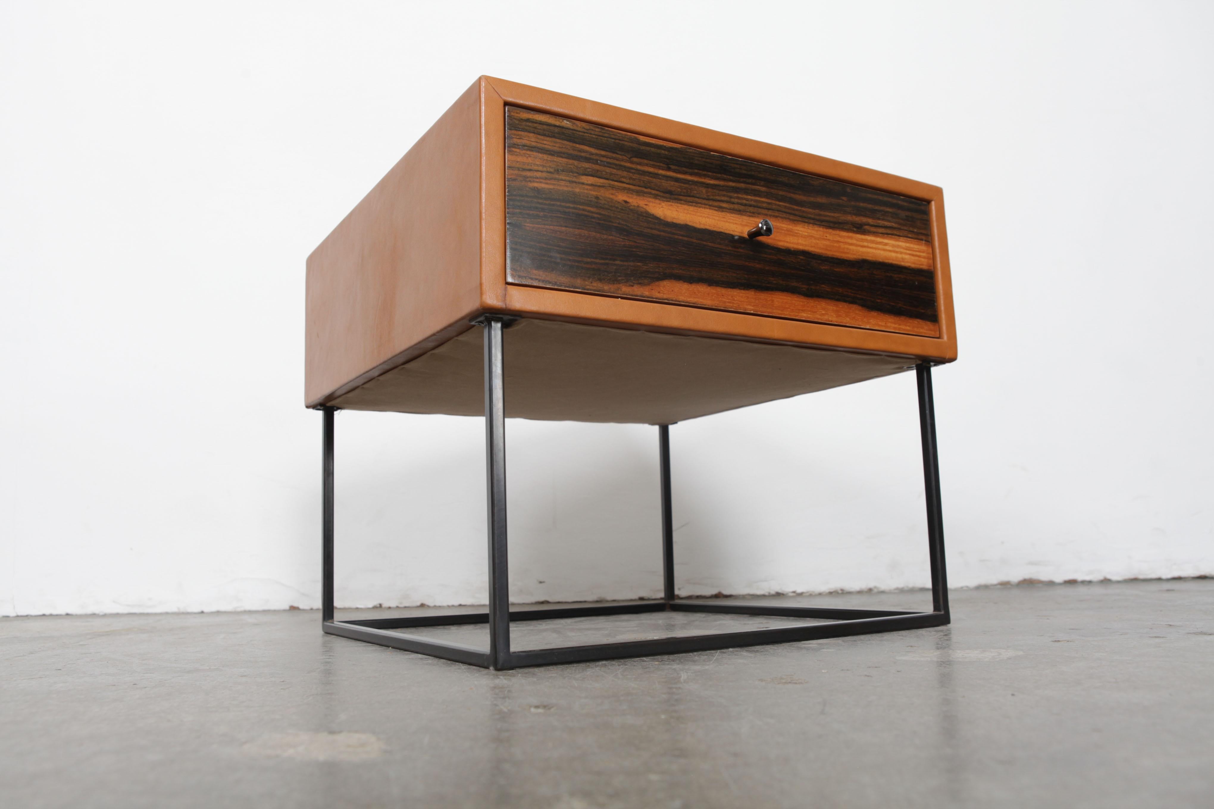 Mid-Century Modern 1960s Brazilian Leather Wrapped End Tables with Rosewood Drawer Fronts For Sale