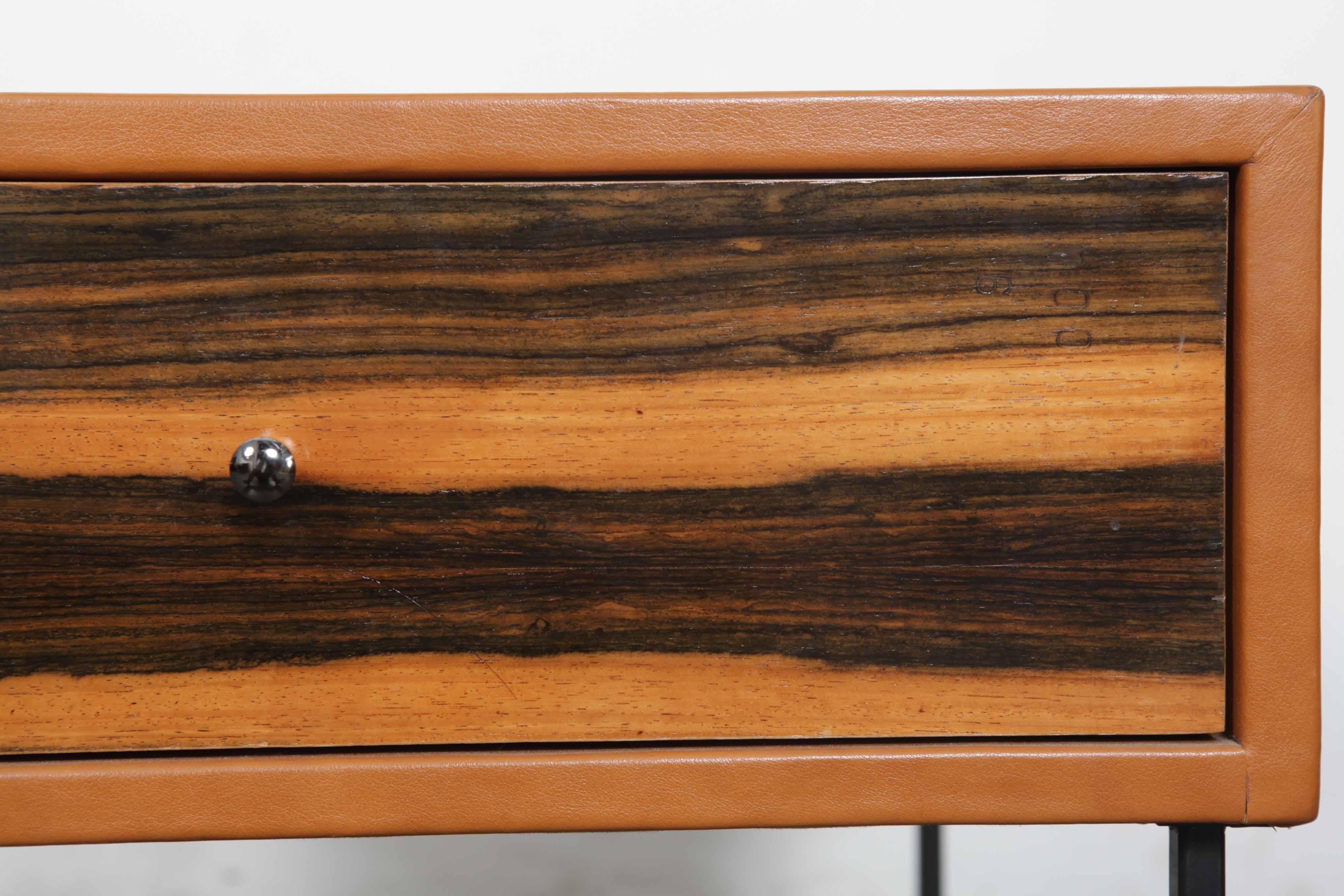 Mid-20th Century 1960s Brazilian Leather Wrapped End Tables with Rosewood Drawer Fronts For Sale
