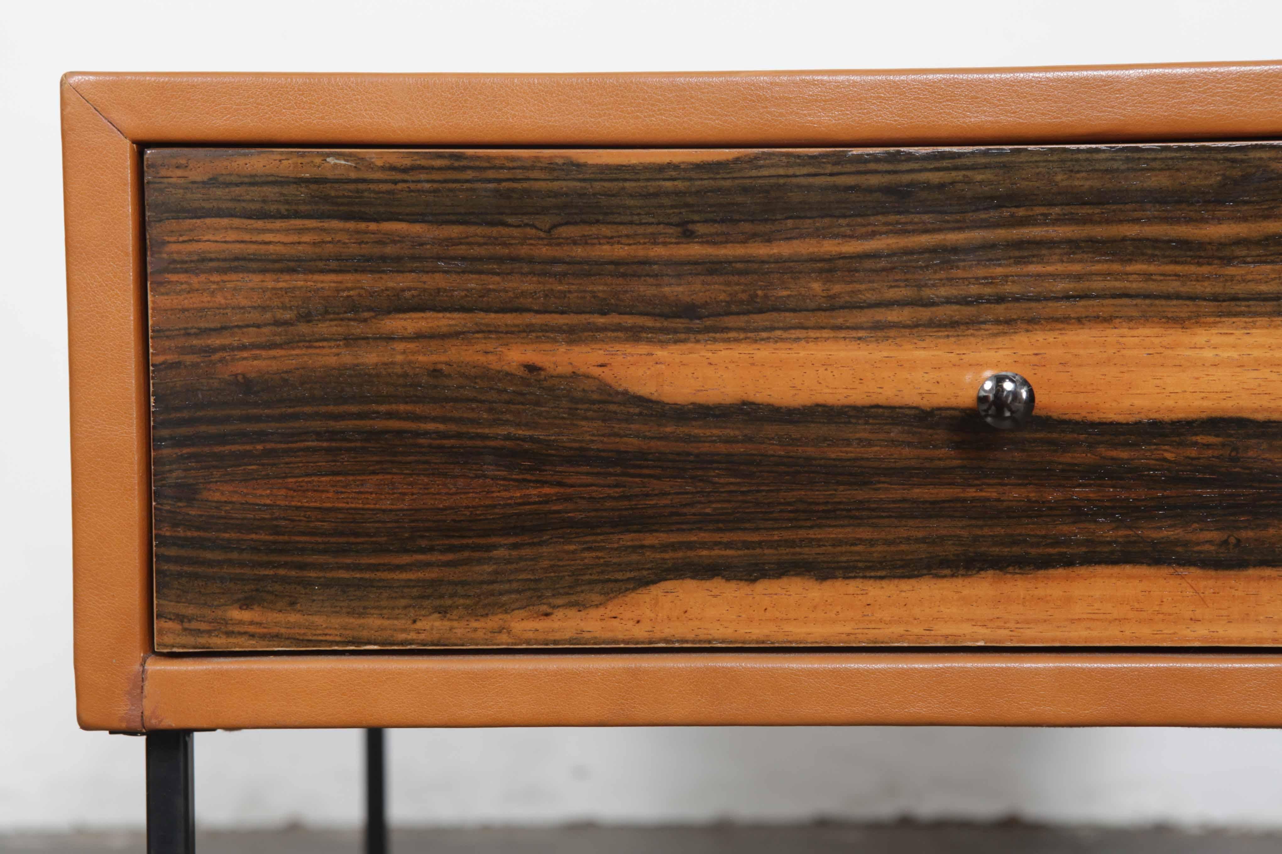 1960s Brazilian Leather Wrapped End Tables with Rosewood Drawer Fronts For Sale 1