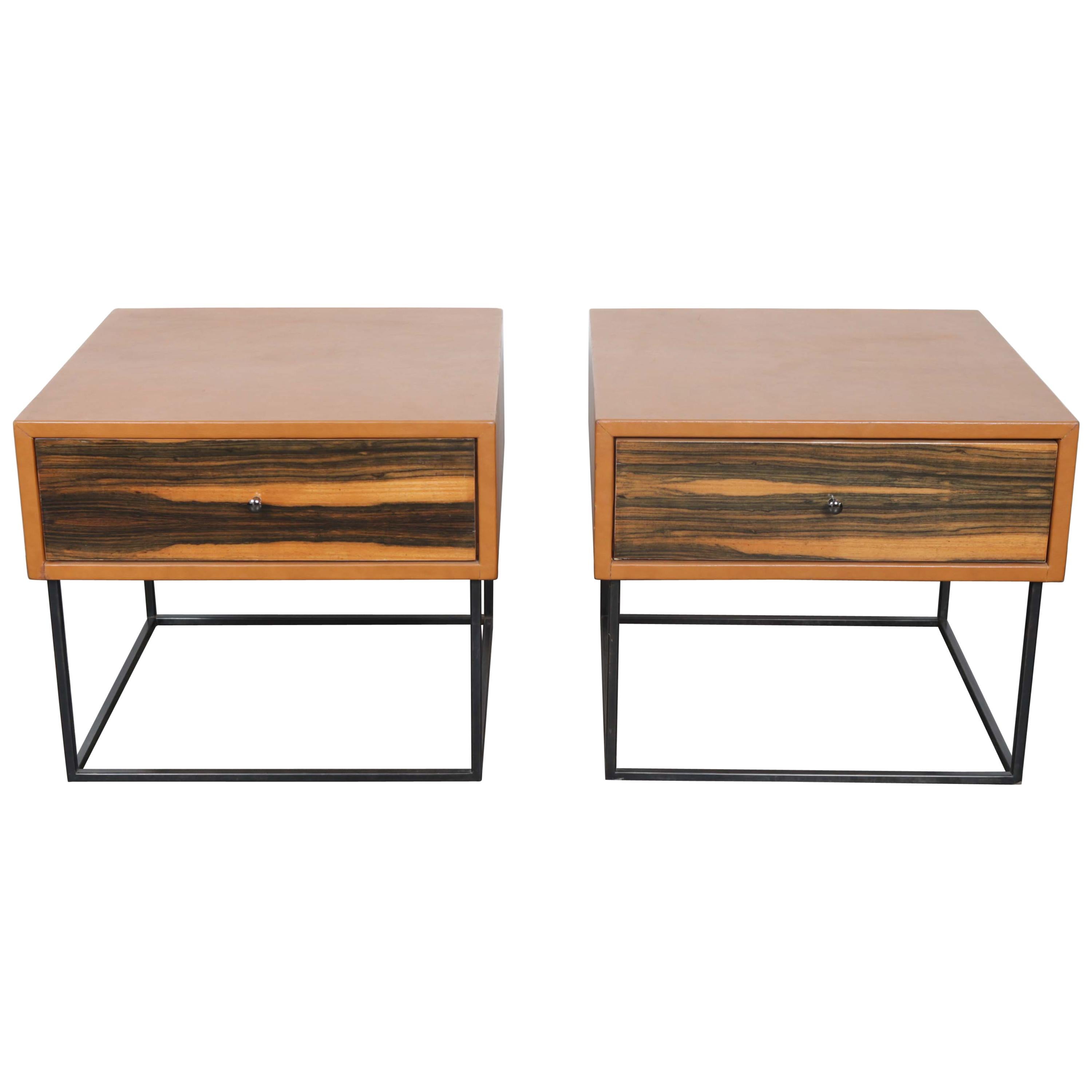 1960s Brazilian Leather Wrapped End Tables with Rosewood Drawer Fronts For Sale