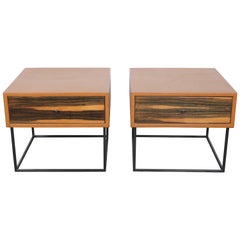 1960s Brazilian Leather Wrapped End Tables with Rosewood Drawer Fronts