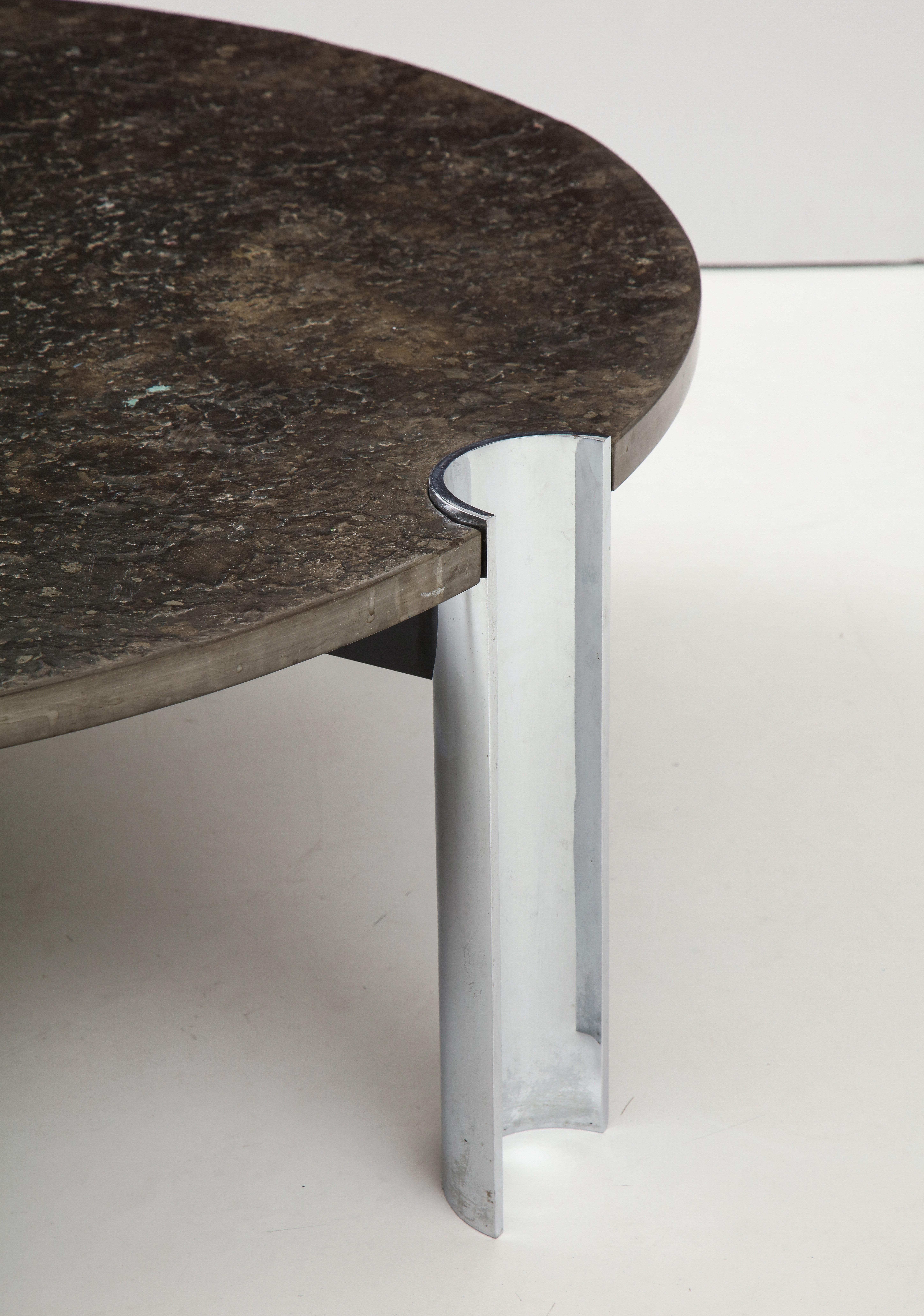 Brazilian Limestone and Chrome Coffee Table with Fossils, 1970s In Good Condition In New York City, NY