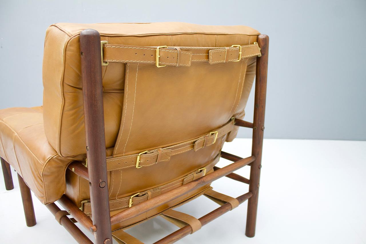Brazilian Lounge Chair with Ottoman in Cognac Brown Leather, 1970s 5