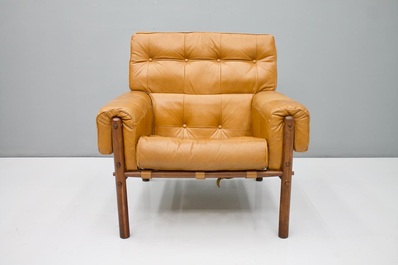 Brazilian Lounge Chair with Ottoman in Cognac Brown Leather, 1970s 6