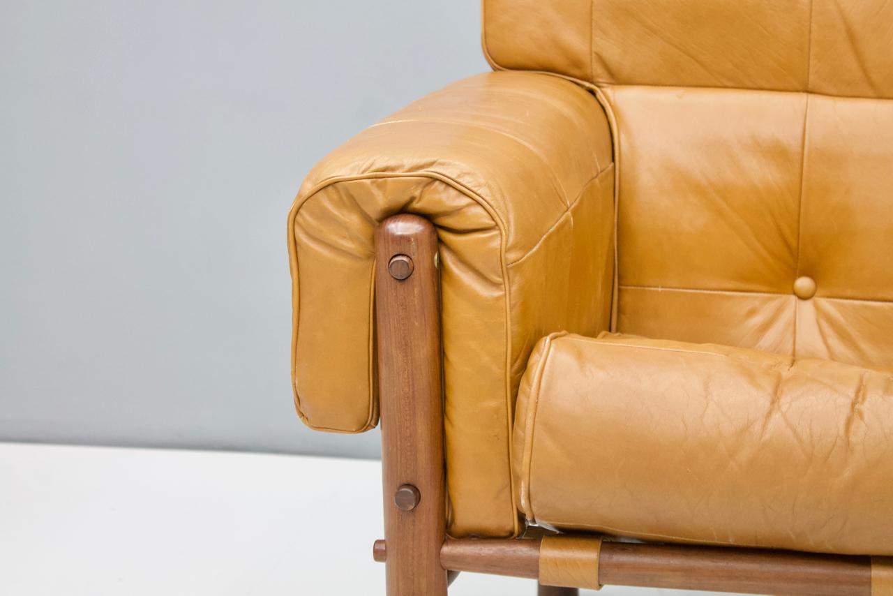 Brazilian Lounge Chair with Ottoman in Cognac Brown Leather, 1970s 7