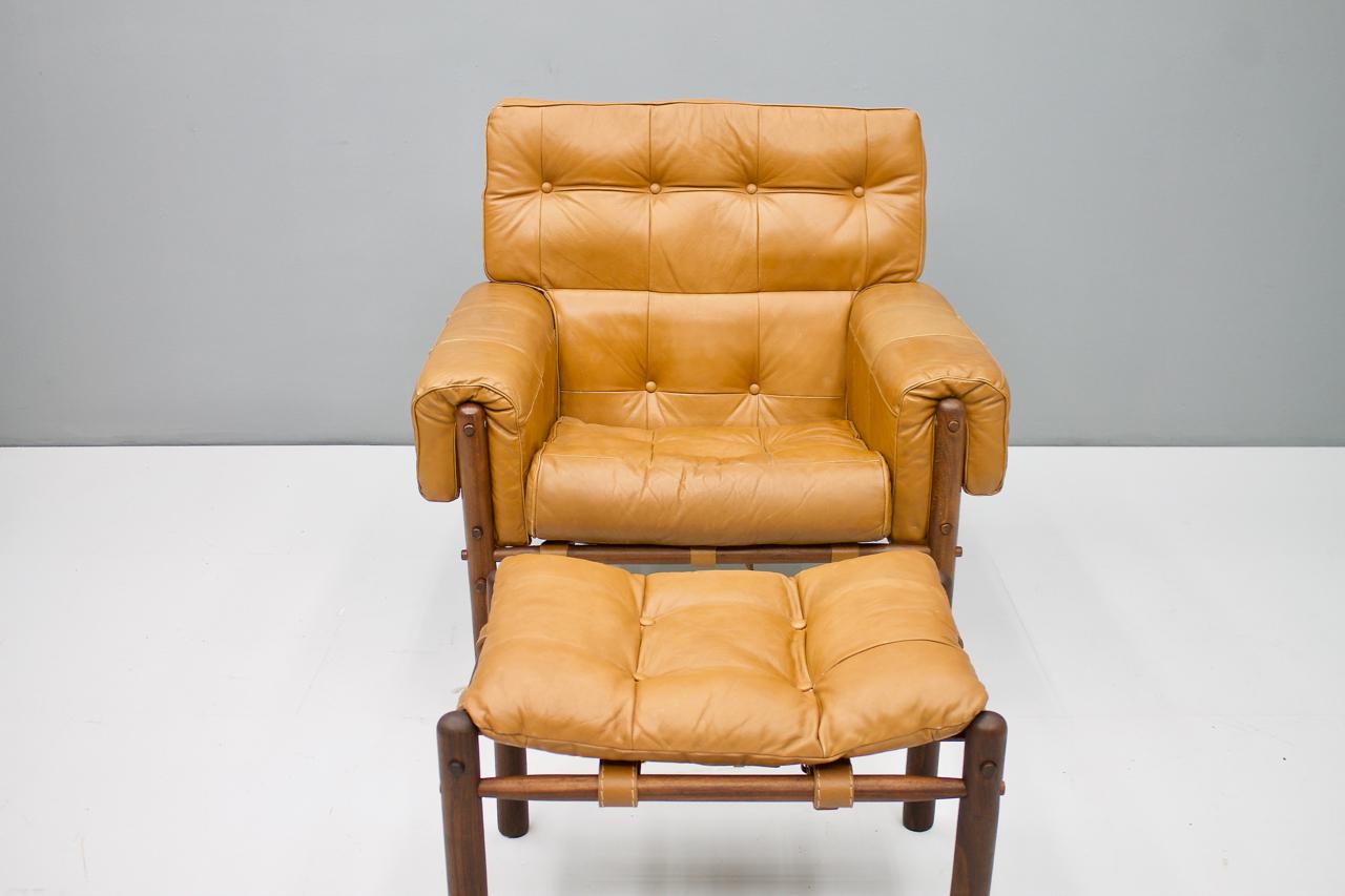 Mid-Century Modern Brazilian Lounge Chair with Ottoman in Cognac Brown Leather, 1970s