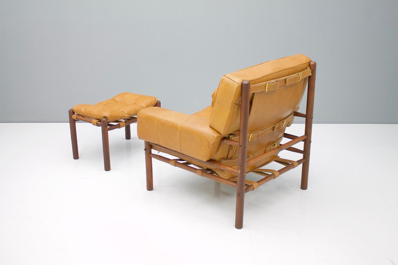 South American Brazilian Lounge Chair with Ottoman in Cognac Brown Leather, 1970s