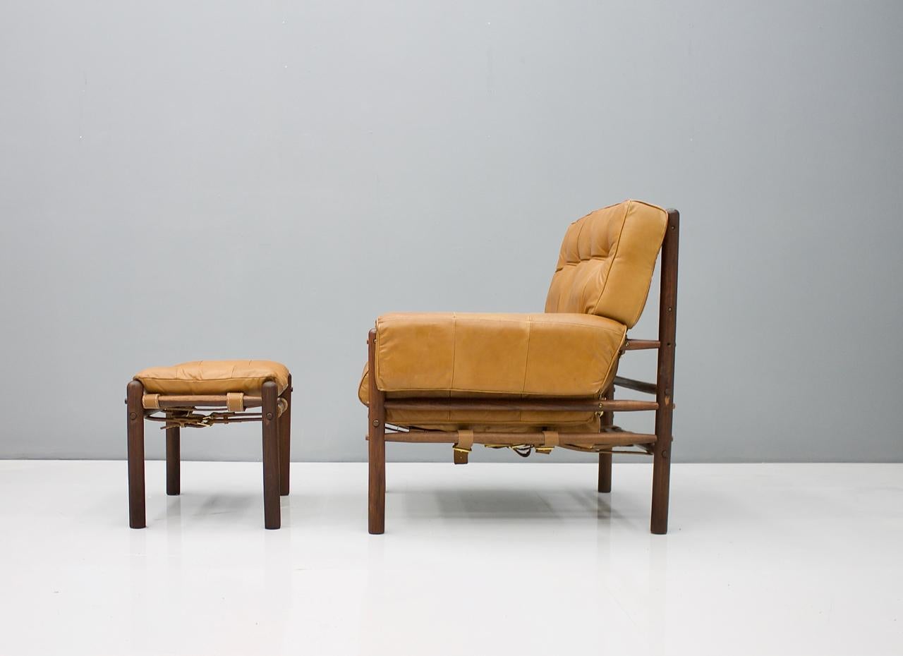 Brazilian Lounge Chair with Ottoman in Cognac Brown Leather, 1970s In Good Condition In Frankfurt / Dreieich, DE