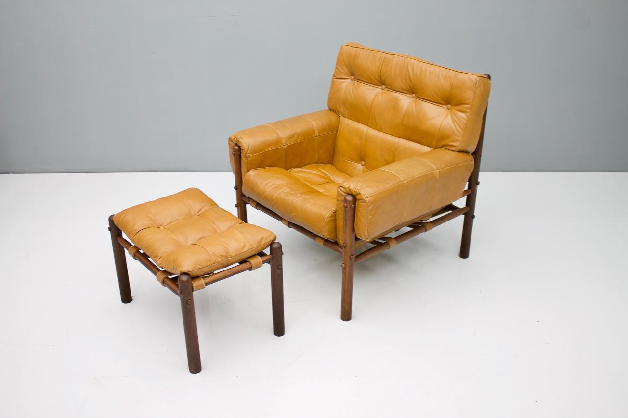 Late 20th Century Brazilian Lounge Chair with Ottoman in Cognac Brown Leather, 1970s
