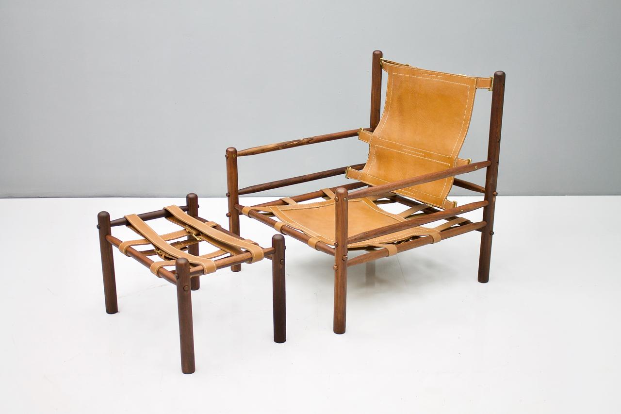 Brazilian Lounge Chair with Ottoman in Cognac Brown Leather, 1970s 1