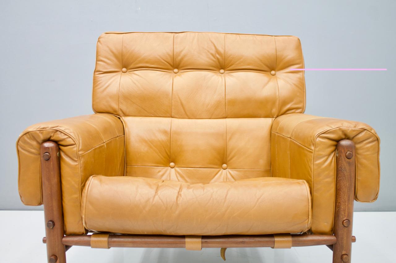 Brazilian Lounge Chair with Ottoman in Cognac Brown Leather, 1970s 3