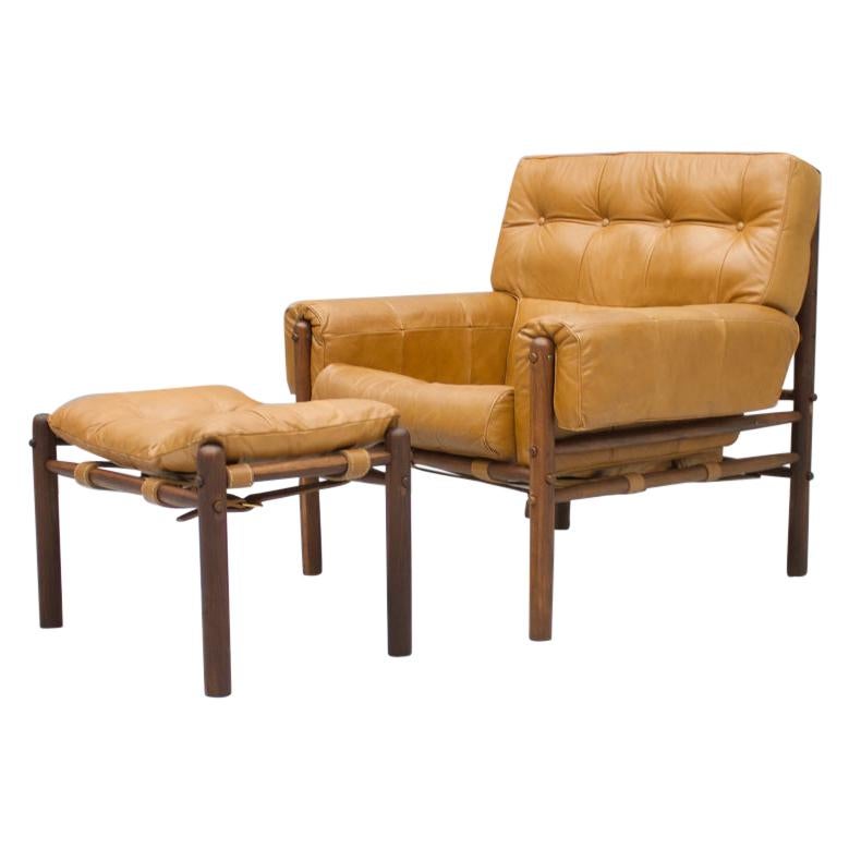 Brazilian Lounge Chair with Ottoman in Cognac Brown Leather, 1970s