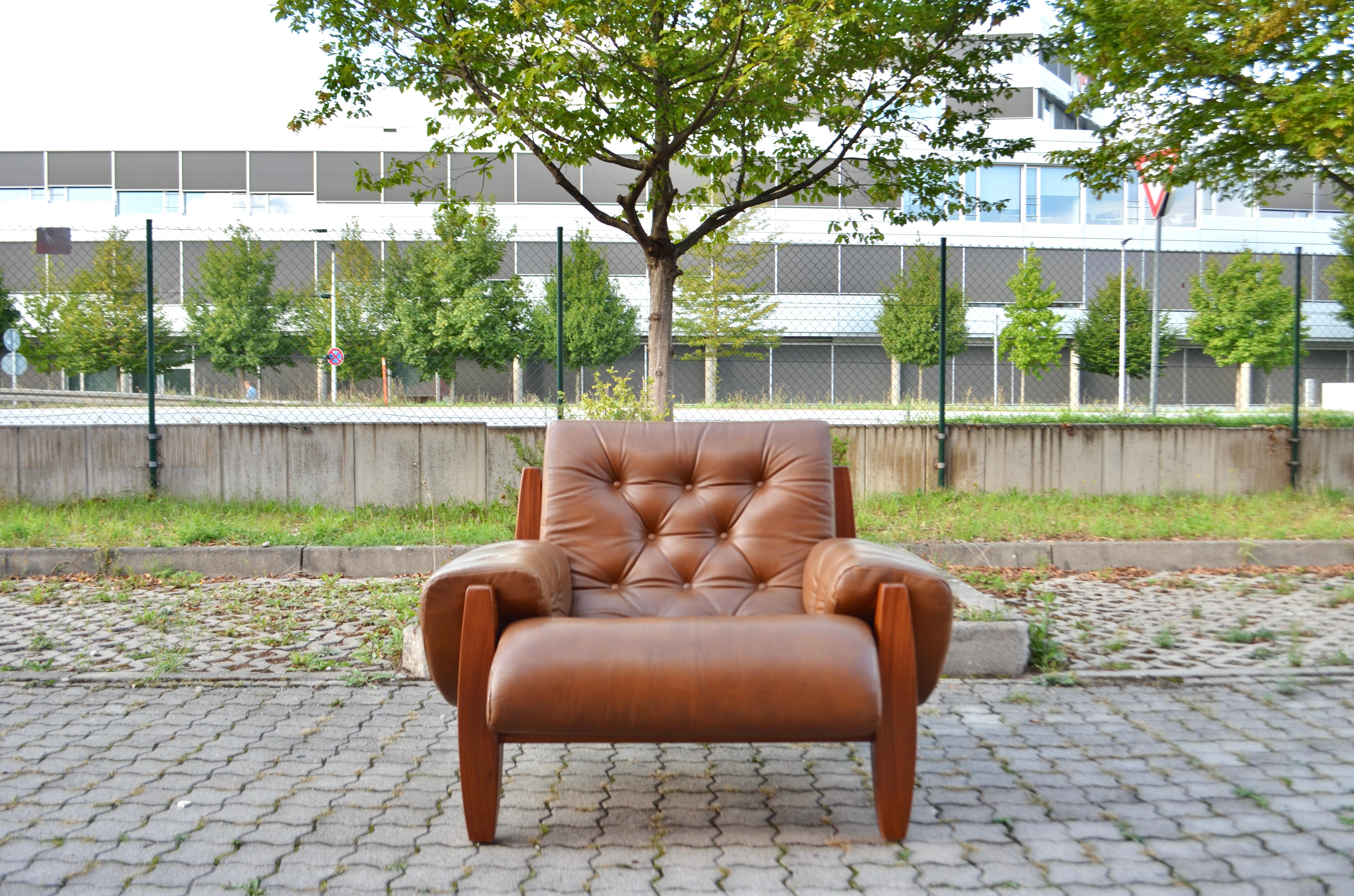 Mid-Century Modern Brazilian Lounge Cognac Leather Armchair 1960s in the Manner of Jean Gillon For Sale