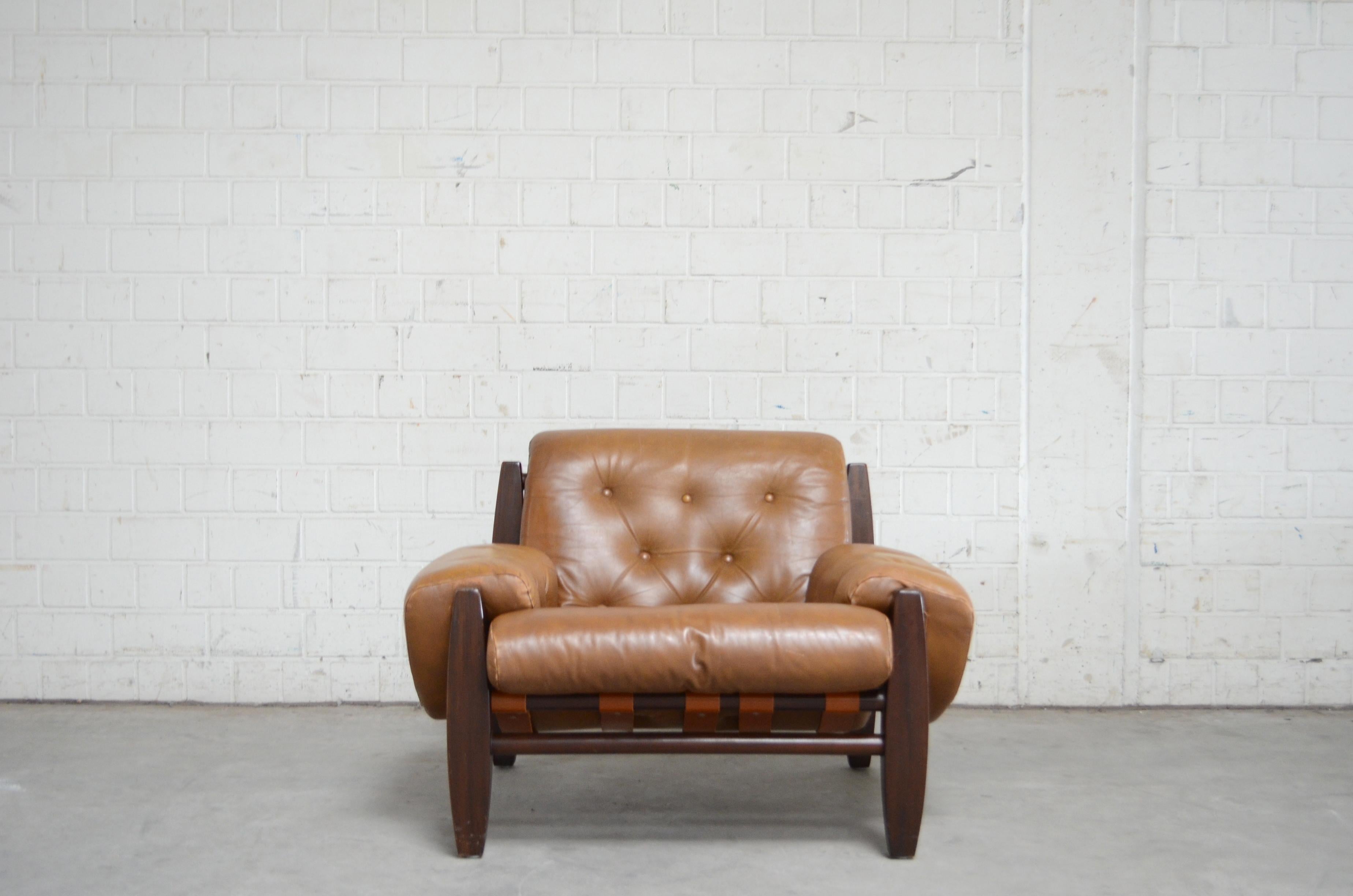 Mid-Century Modern Brazilian Lounge Cognac Leather Armchair 1960s in the Manner of Jean Gillon