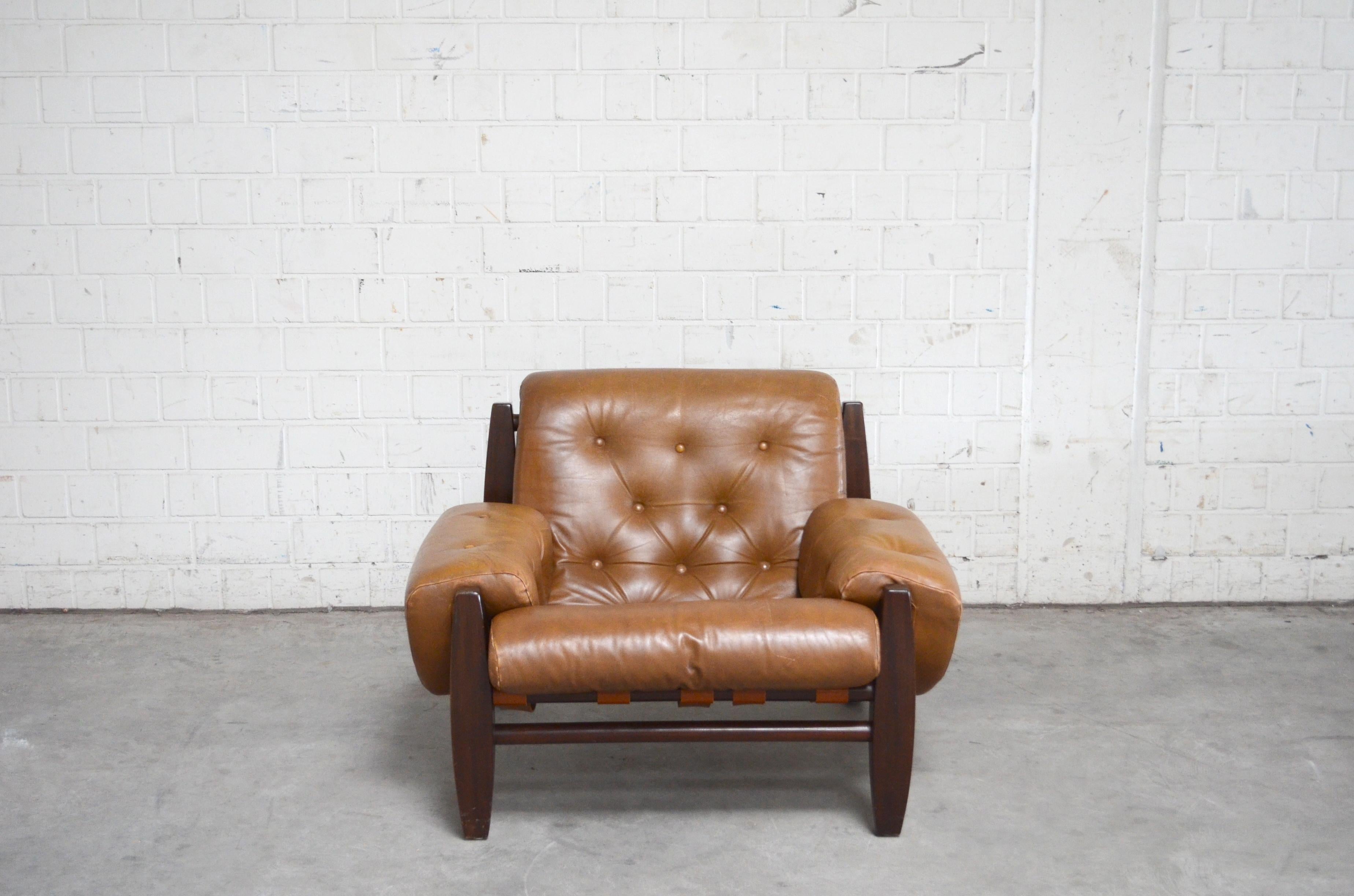 Brazilian Lounge Cognac Leather Armchair 1960s in the Manner of Jean Gillon In Good Condition In Munich, Bavaria