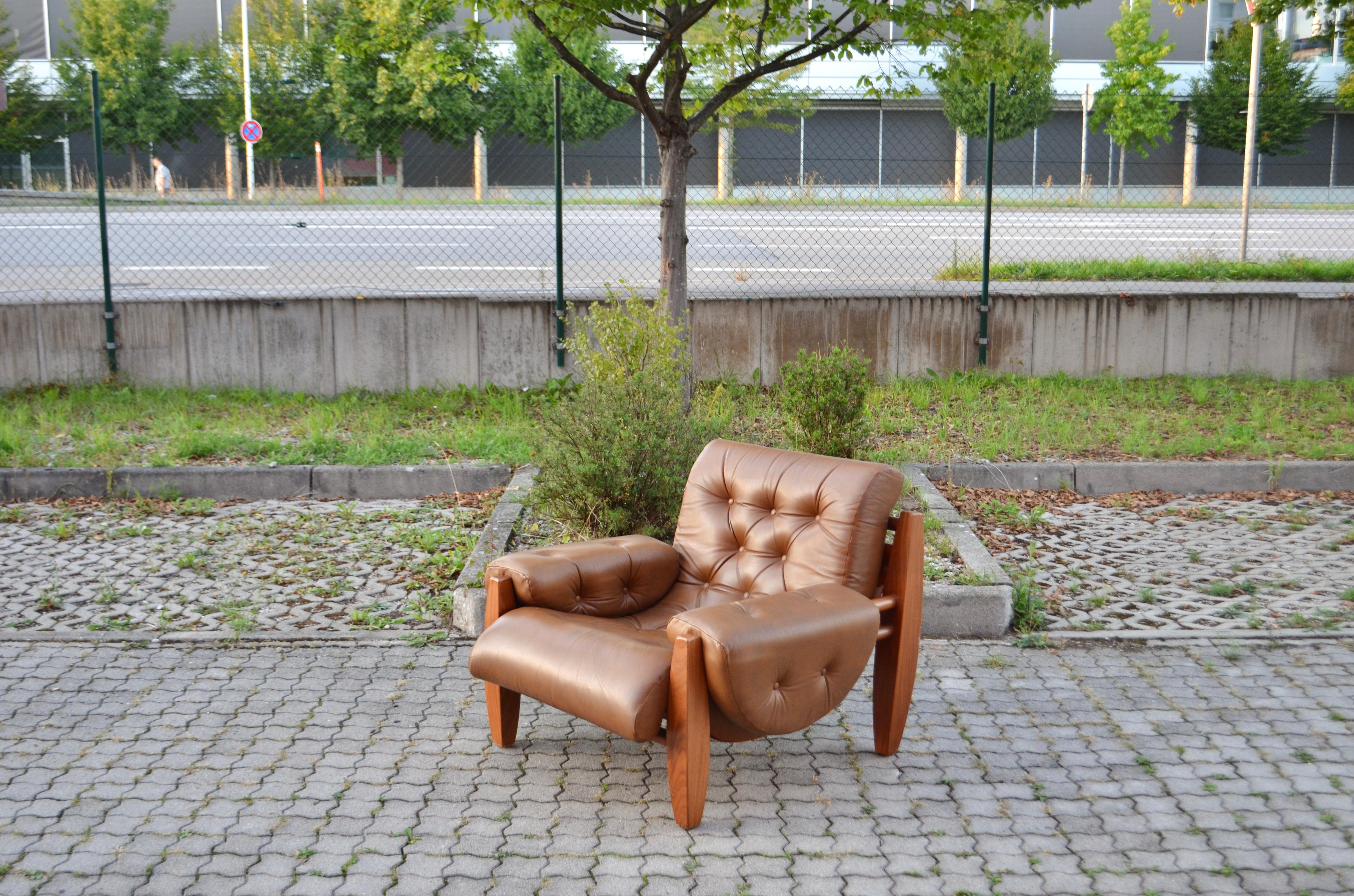 20th Century Brazilian Lounge Cognac Leather Armchair 1960s in the Manner of Jean Gillon For Sale
