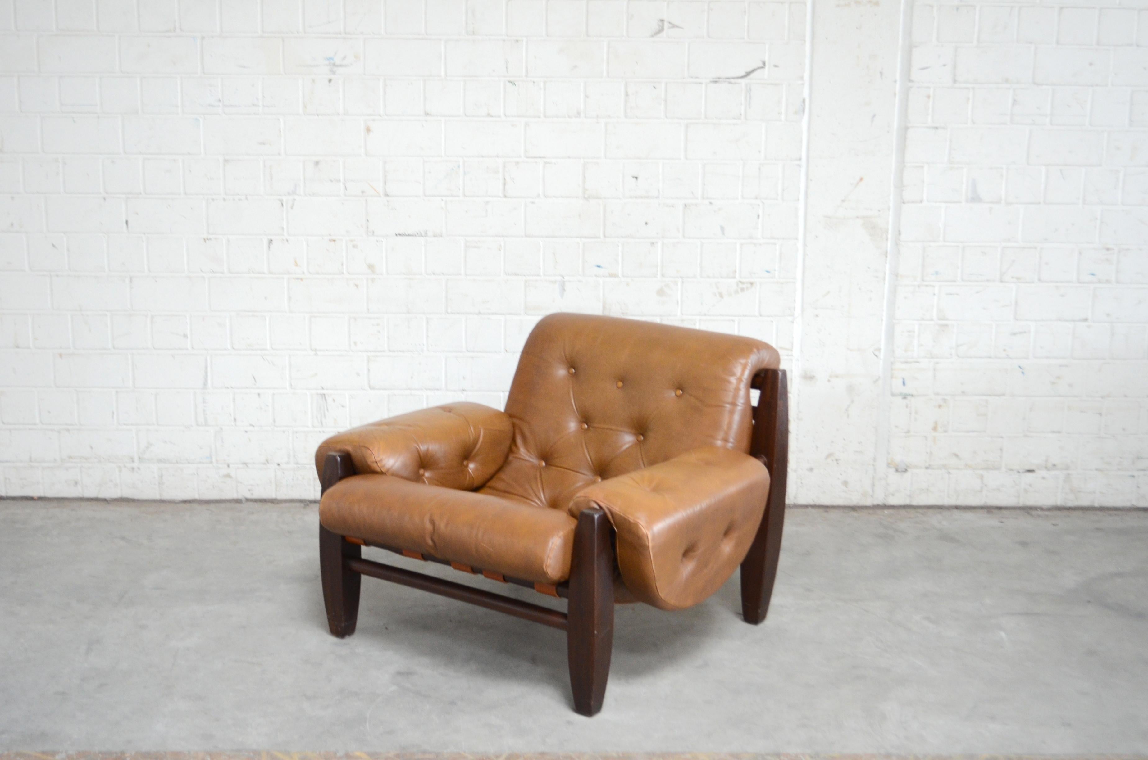 20th Century Brazilian Lounge Cognac Leather Armchair 1960s in the Manner of Jean Gillon