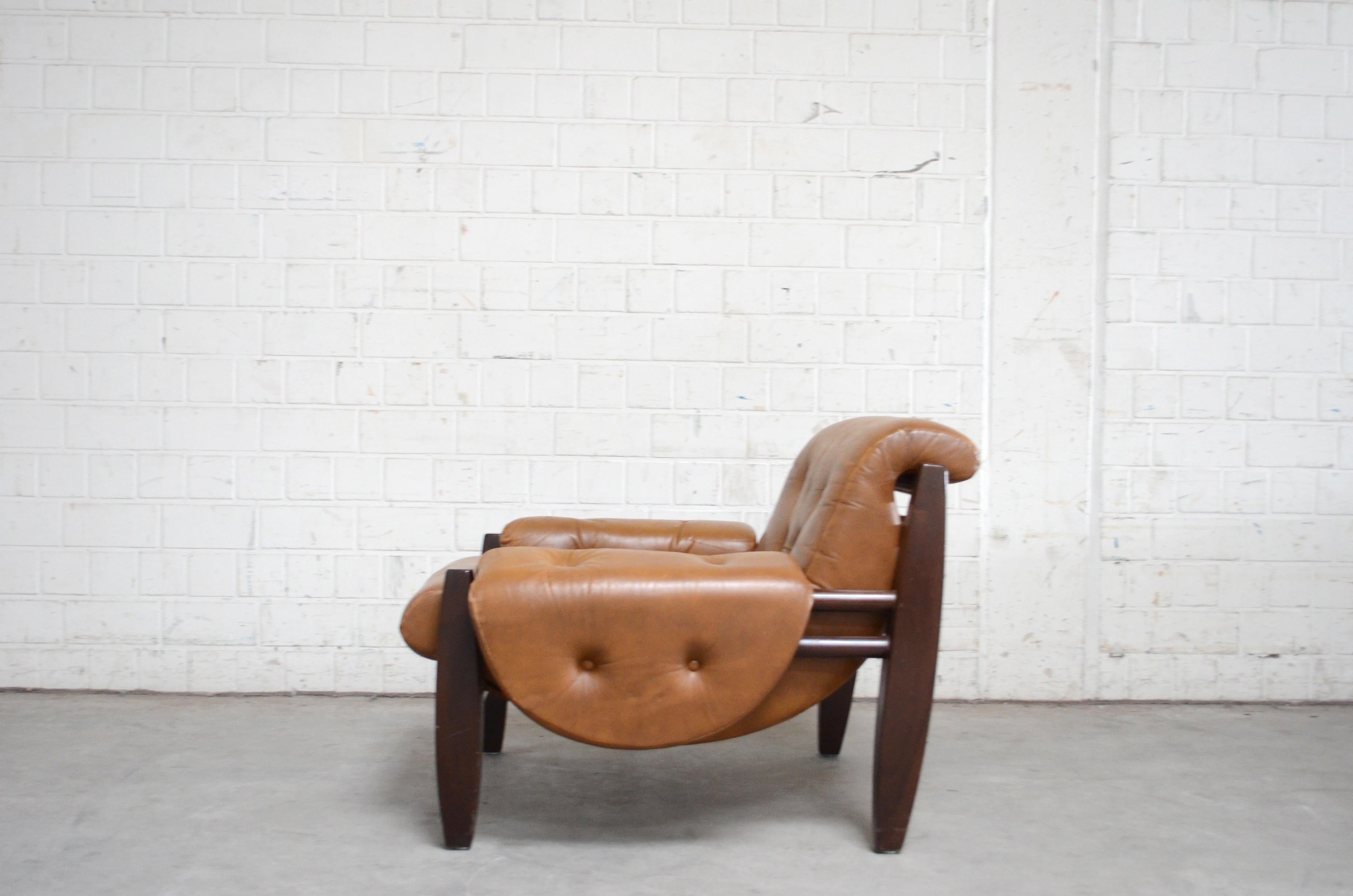 Brazilian Lounge Cognac Leather Armchair 1960s in the Manner of Jean Gillon 1