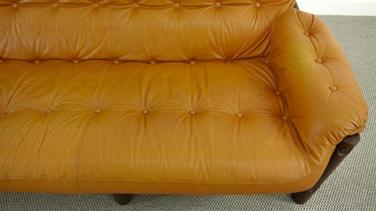 Brazilian Lounge Sofa in Teak, Cognac Leather, 1970s For Sale 10