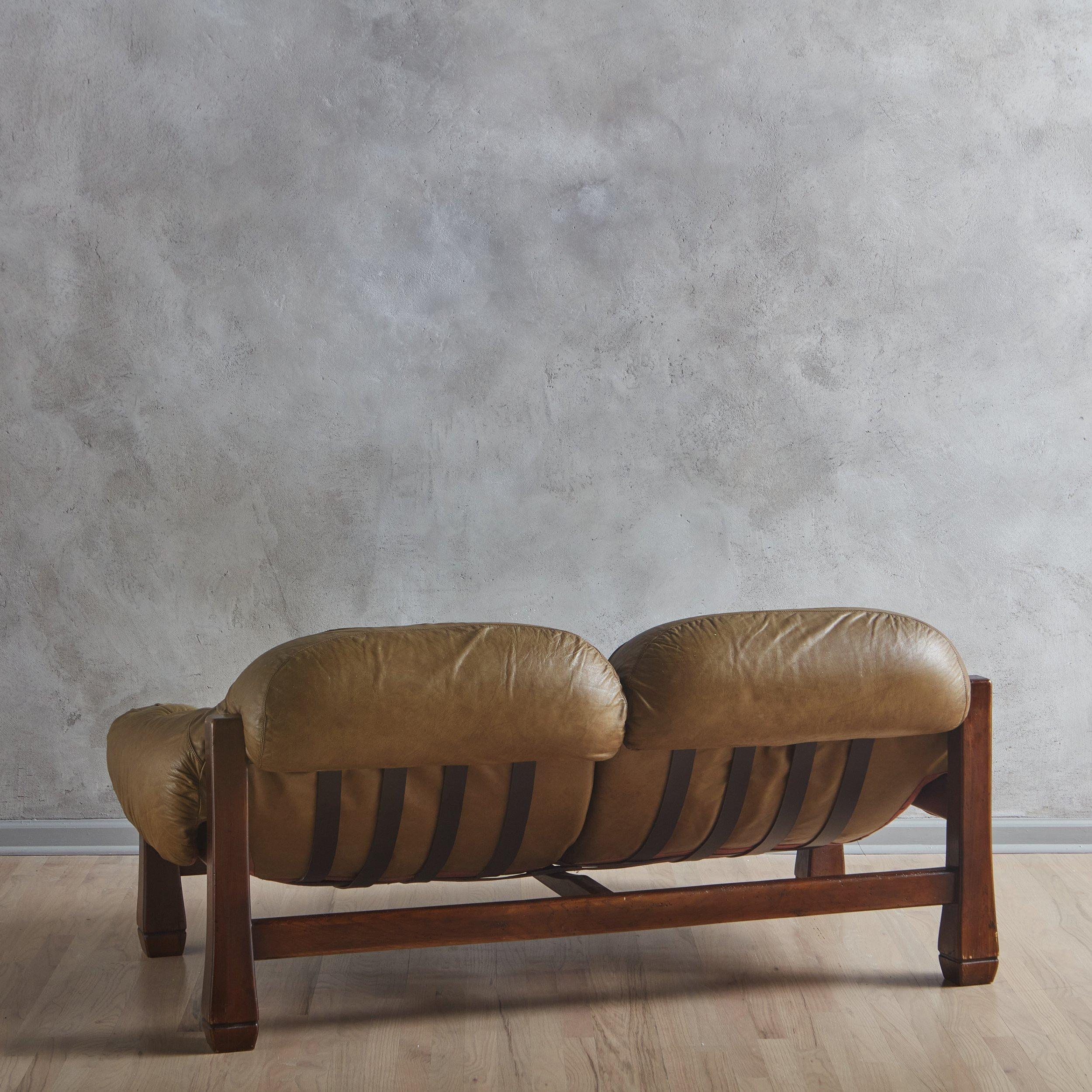 Mid-Century Modern Brazilian Loveseat in Olive Leather in the Style of Sergio Rodrigues, 1970s