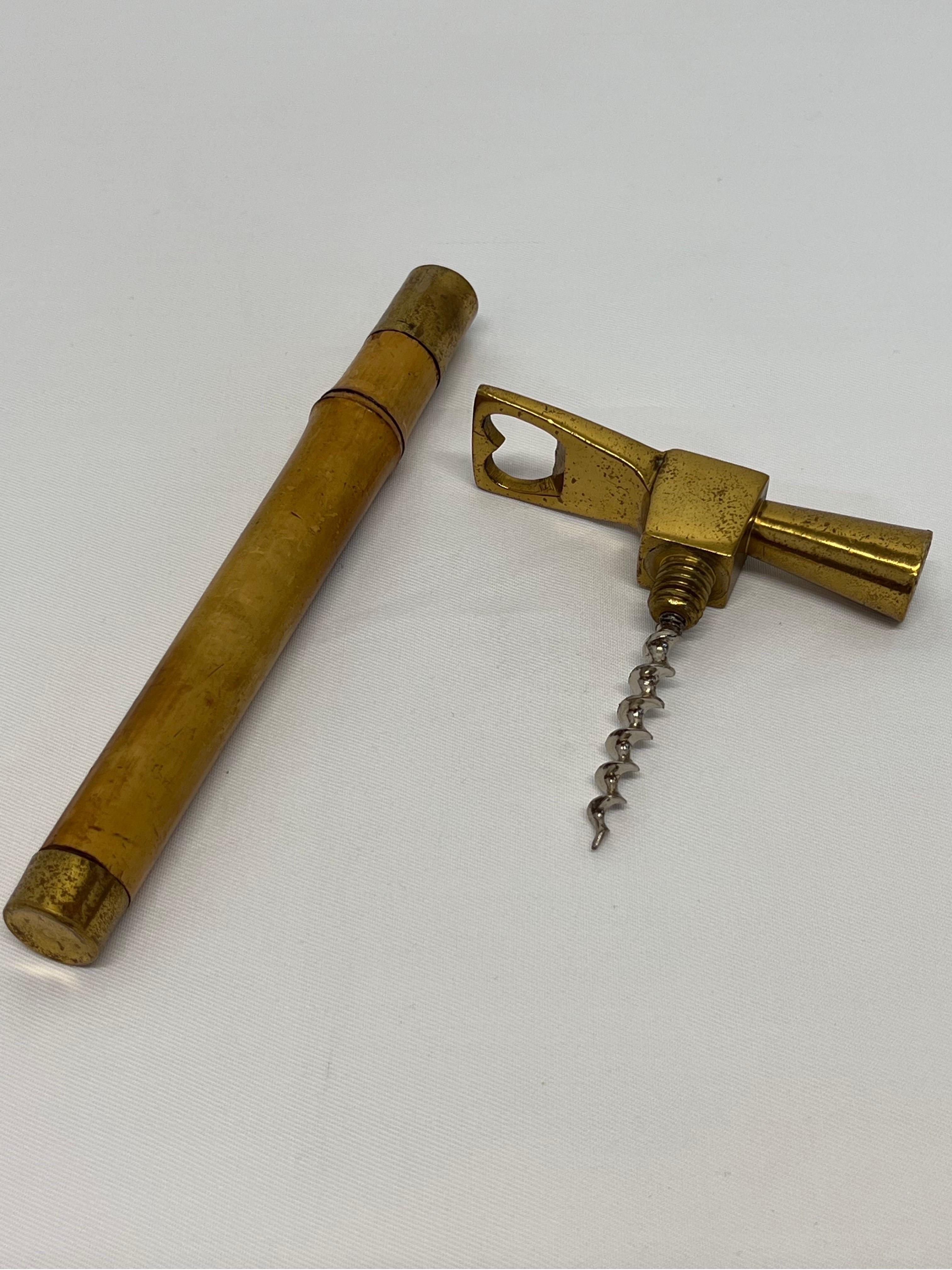 Brazilian Mid-Century Bronze and Bamboo Ice Hammer with Corkscrew Bottle Opener For Sale 2