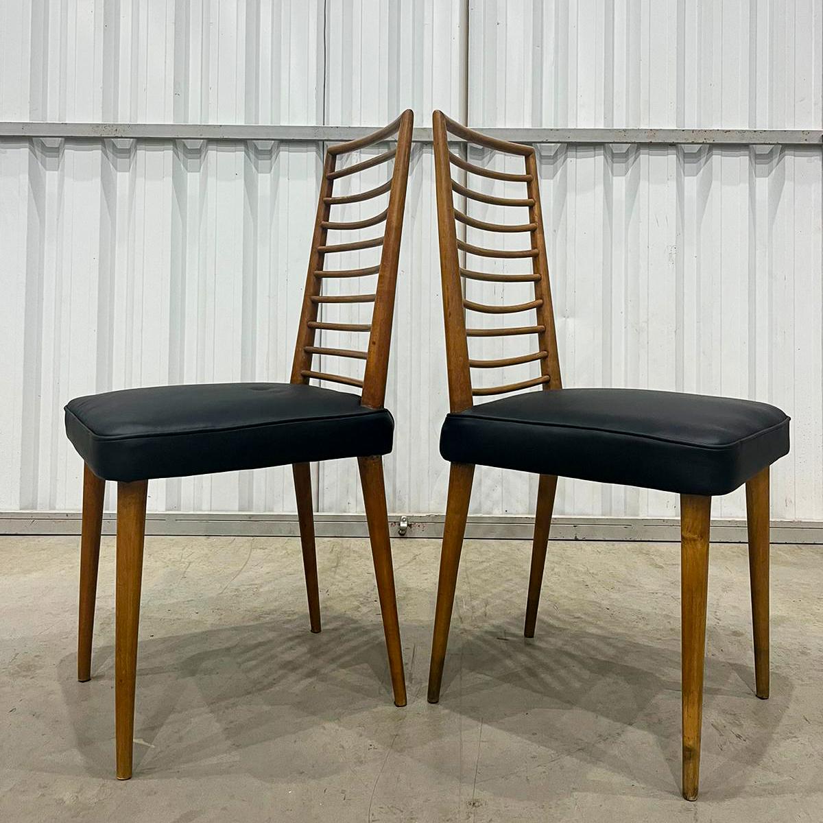 Woodwork Brazilian Mid Century Chairs in Hardwood & Leather by Joaquim Tenreiro, c. 1950 For Sale