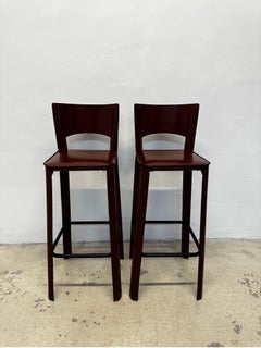 Brazilian Midcentury De Couro Deep Red Leather Bar Stools, Set of Two